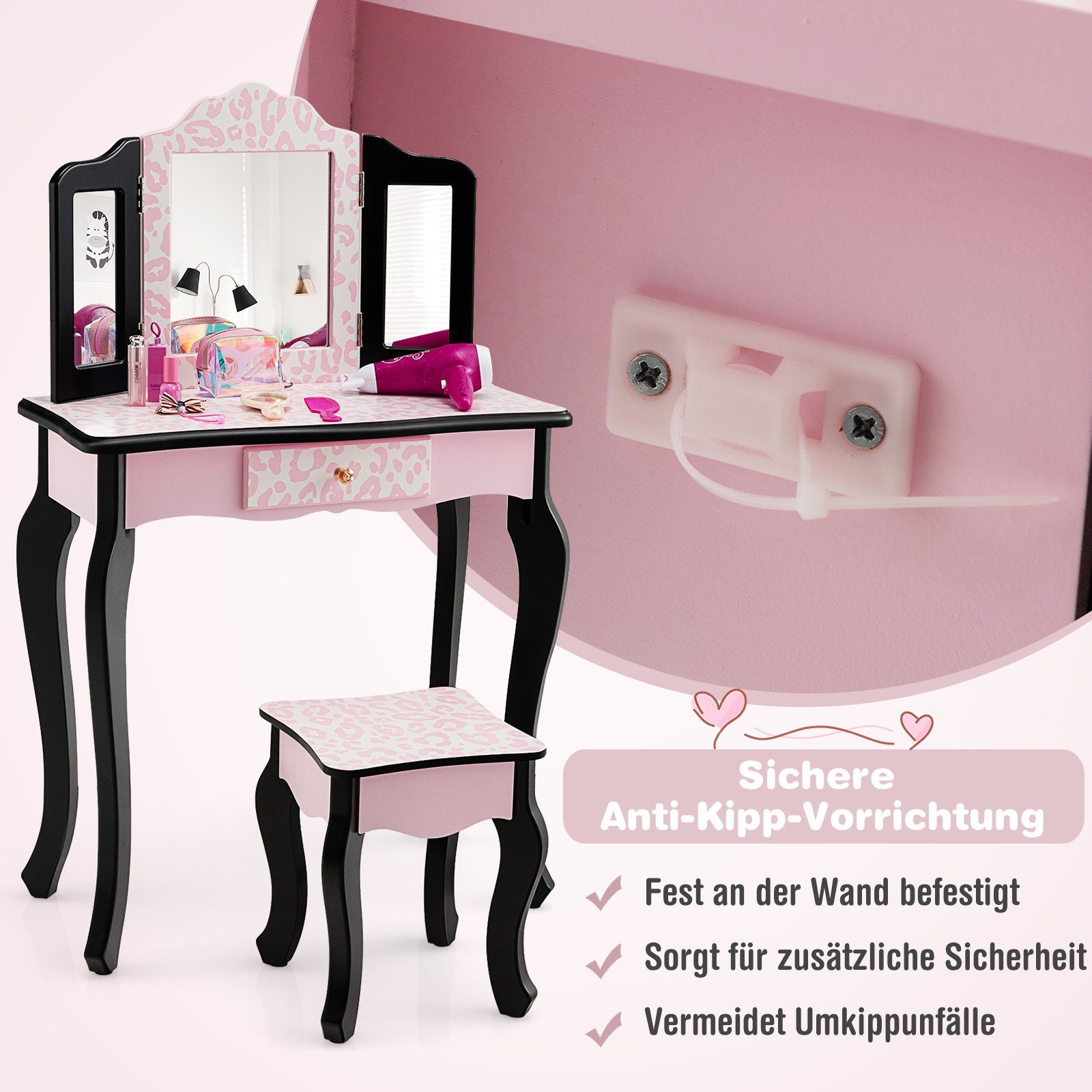 und Kinder Schminktisch rosa Schreibtisch, schwarz Schublade COSTWAY & Spiegel mit
