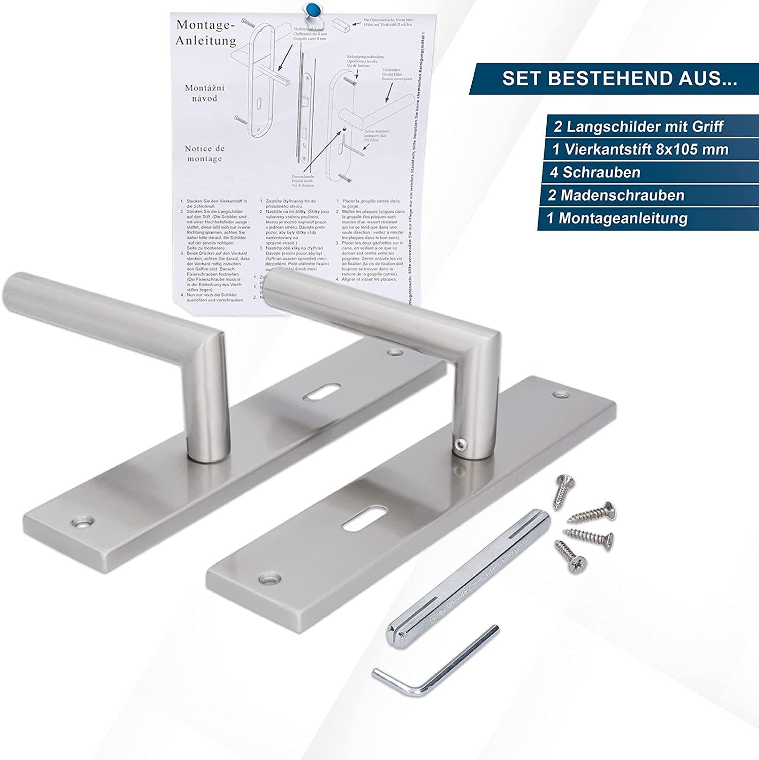 Alpertec Türbeschlag Langschildgarnituren für 3 Zimmertüren mit Buntbart und 1 Bad/WC Türe (4 St., Spar Set), Edelstahl satiniert