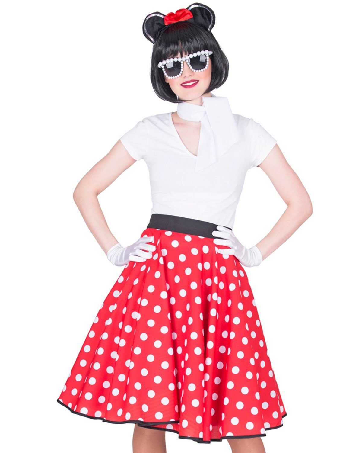 Funny Fashion Kostüm Retro Fifties Tellerrock mit Halstuch - Rot Weiß, Maus Kostüm, Mit Halstuch