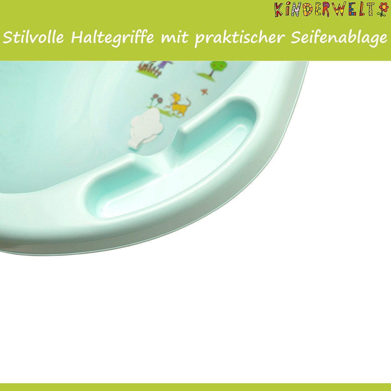 KiNDERWELT Babybadewanne Premium Funny Farm aquamarin XXL + Ablaufstöpsel, mit Ablaufstöpsel