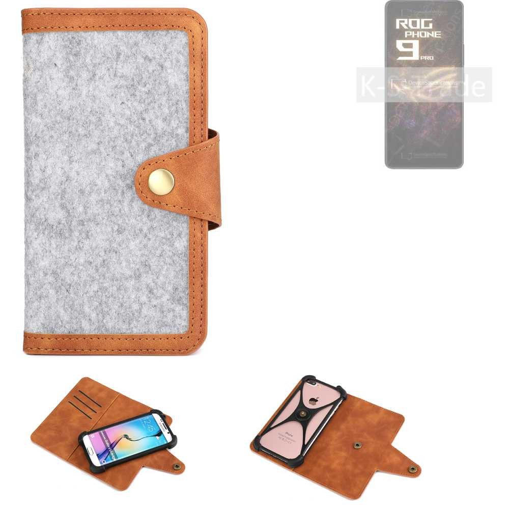 K-S-Trade Handyhülle für Asus ROG Phone 9 Pro, Handyhülle Schutzhülle Filz-Hülle Kunst-Leder hellgrau braun