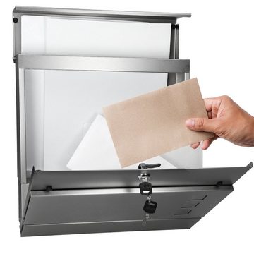 ECD Germany Briefkasten Wandbriefkasten Postkasten Mailbox, Silber 37x10,5x36,5cm Edelstahl Sichtfenster Schlüssel Montagematerial