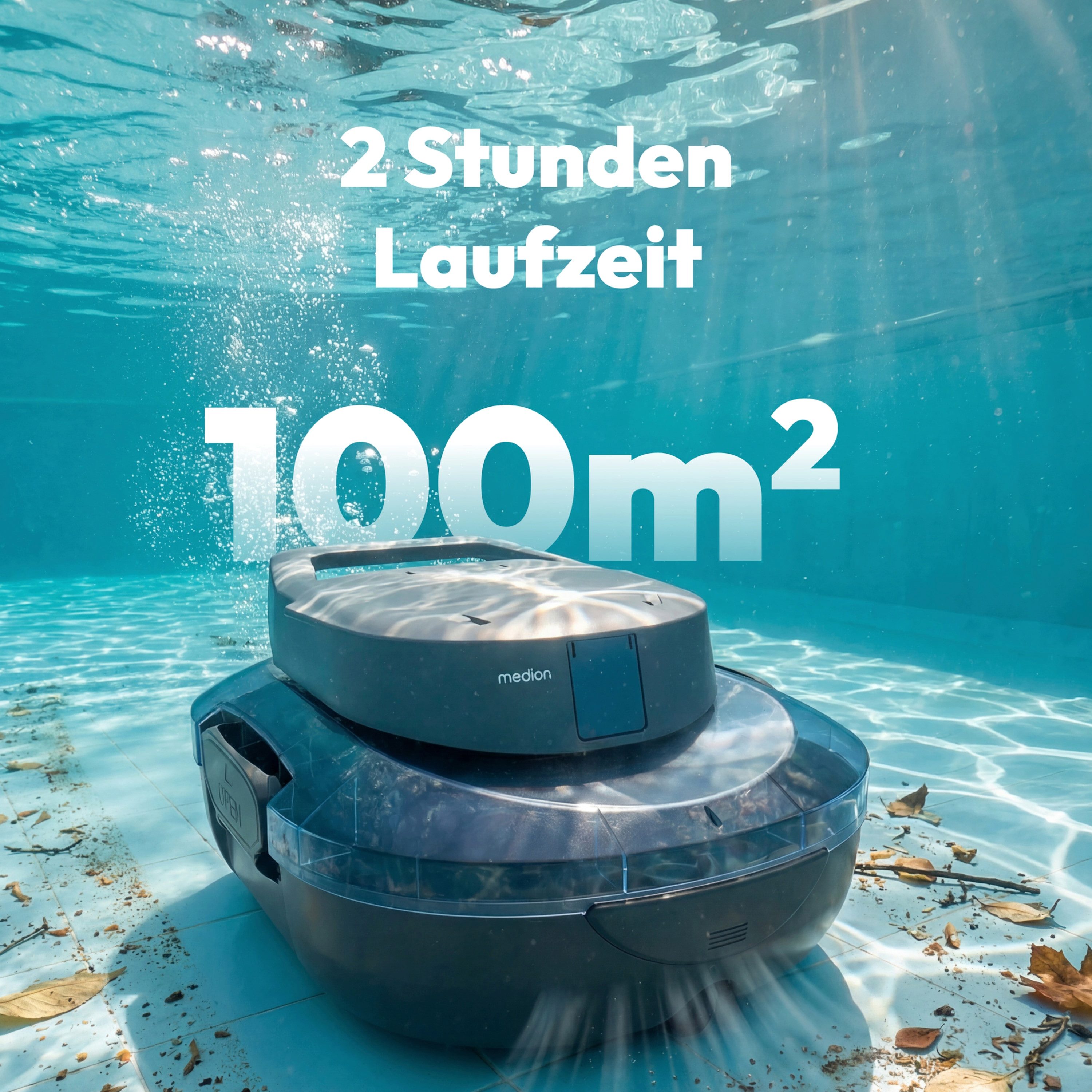 Medion® Poolroboter Poolroboter PR1, (Packung, 1-St., Poolroboter (MD 100108), 	Ladegerät, 	Haken), Bodenreinigung für Pools, One-Click-Bedienung, Selbstparkfunktion