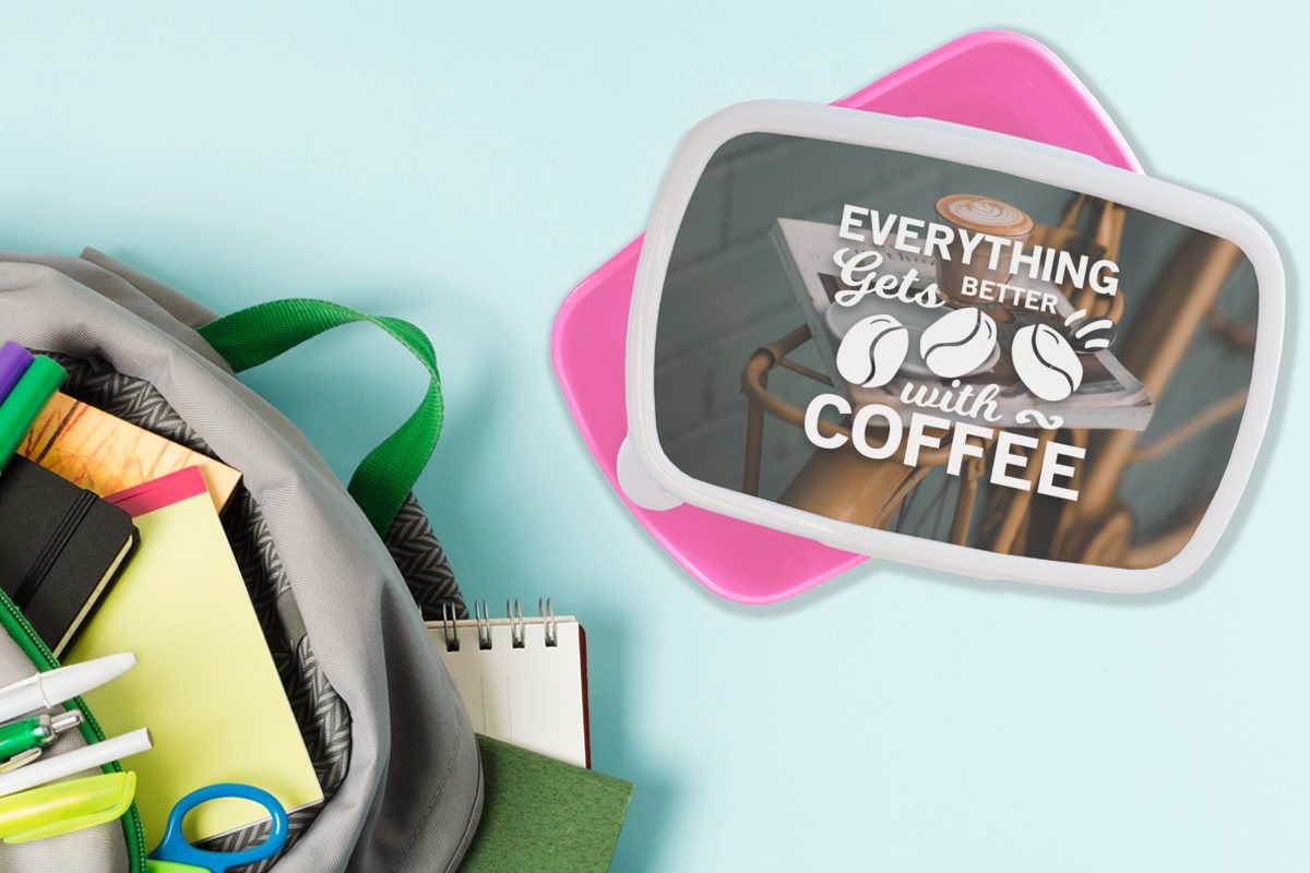 MuchoWow Lunchbox Zitate - Brotdose Mädchen, (2-tlg), Erwachsene, Kaffee rosa Kaffee, alles Kunststoff, Brotbox Kunststoff - Snackbox, für Kinder, Sprichwörter - wird besser Mit