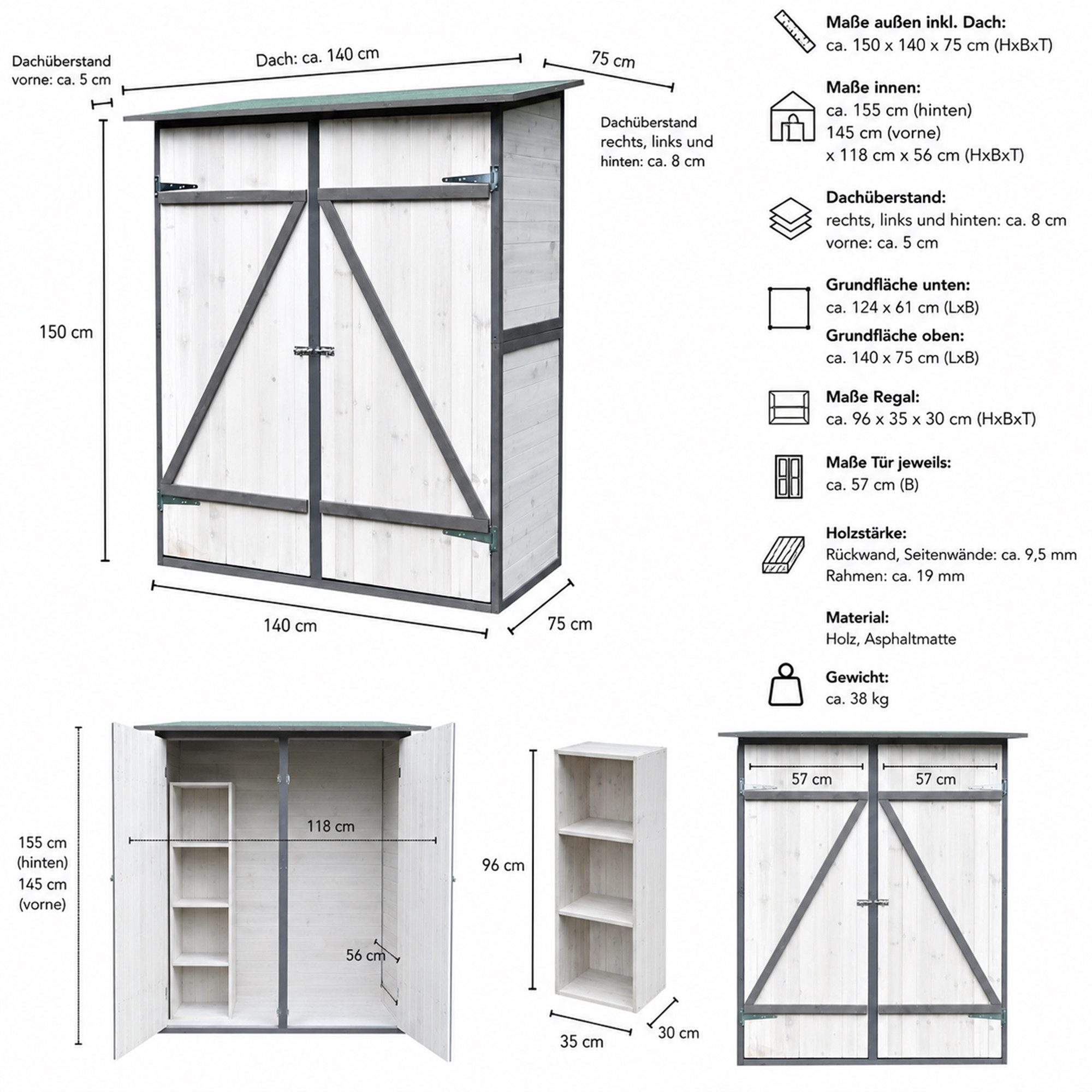 Mucola Gartenhaus Geräteschuppen Geräteschrank mit 2 Türen Gerätehaus Holz Gartenschrank, BxT: 140x75,00 cm, (Stück, mit Asphaltmatte, Dach und Doppelflügeltüren & Schloss), Fußboden und Zweiflügeltür mit Schiebeverriegelung