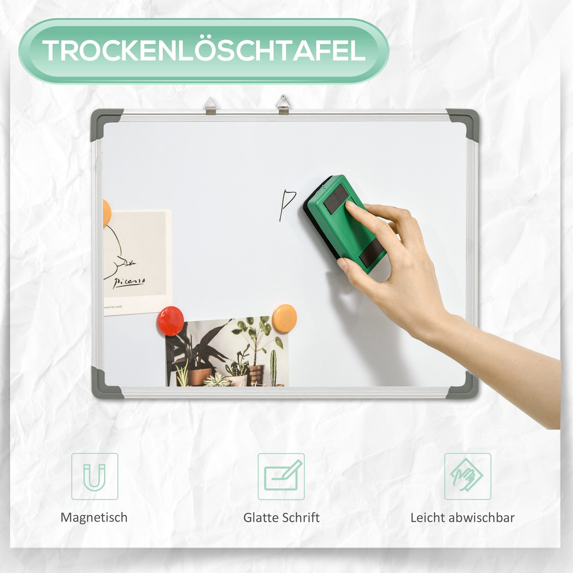 HOMCOM Magnettafel Whiteboard Magnetisch mit 4 Markern 1 Radiergummi, (weiße Wandtafel, 1-tlg., Magnettafel), Weiß 60 x 1,8 x 45 cm – Bild 4 von 5