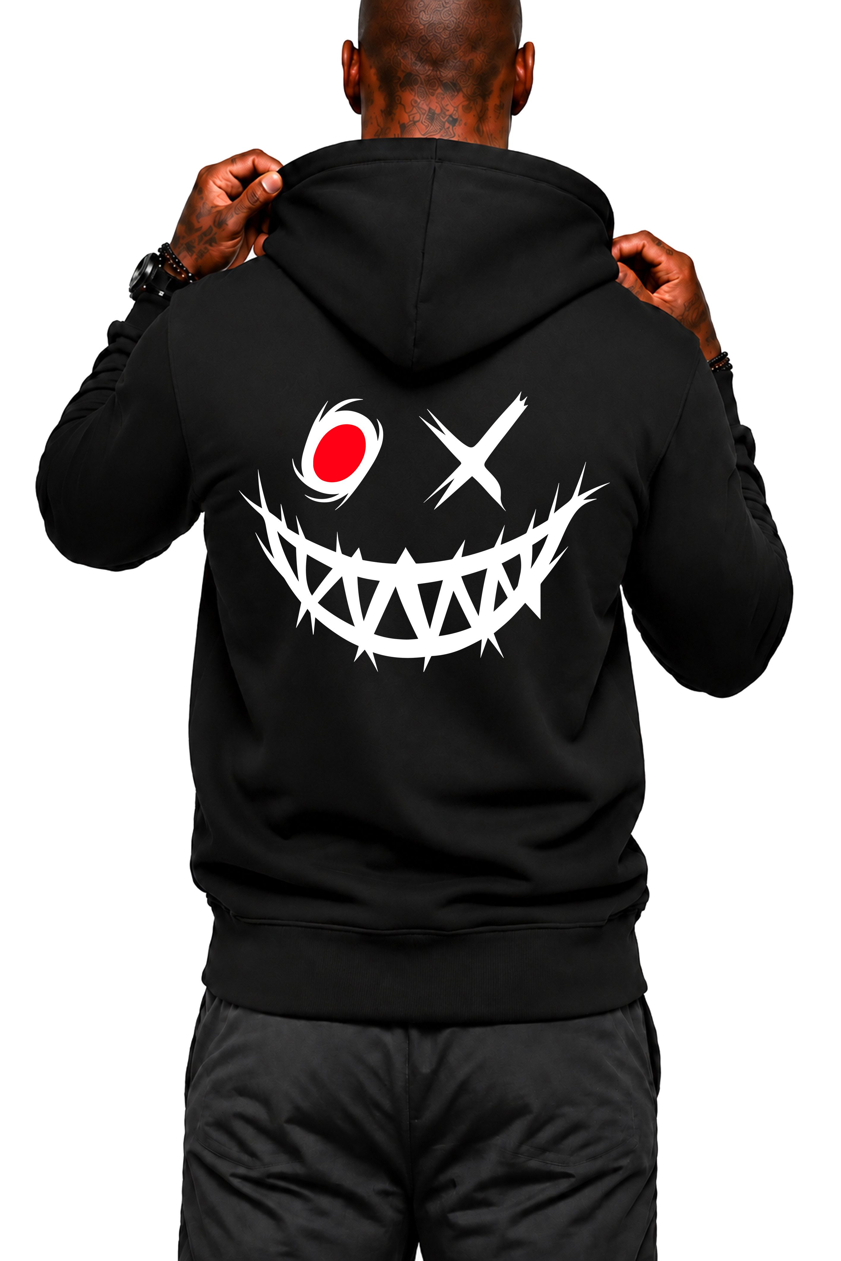 Banco Hoodie Herren Kapuzenpullover Smiley Backprint Hoodie Regular Fit mit großem Smiley-Backprint und rotem Farbakzent