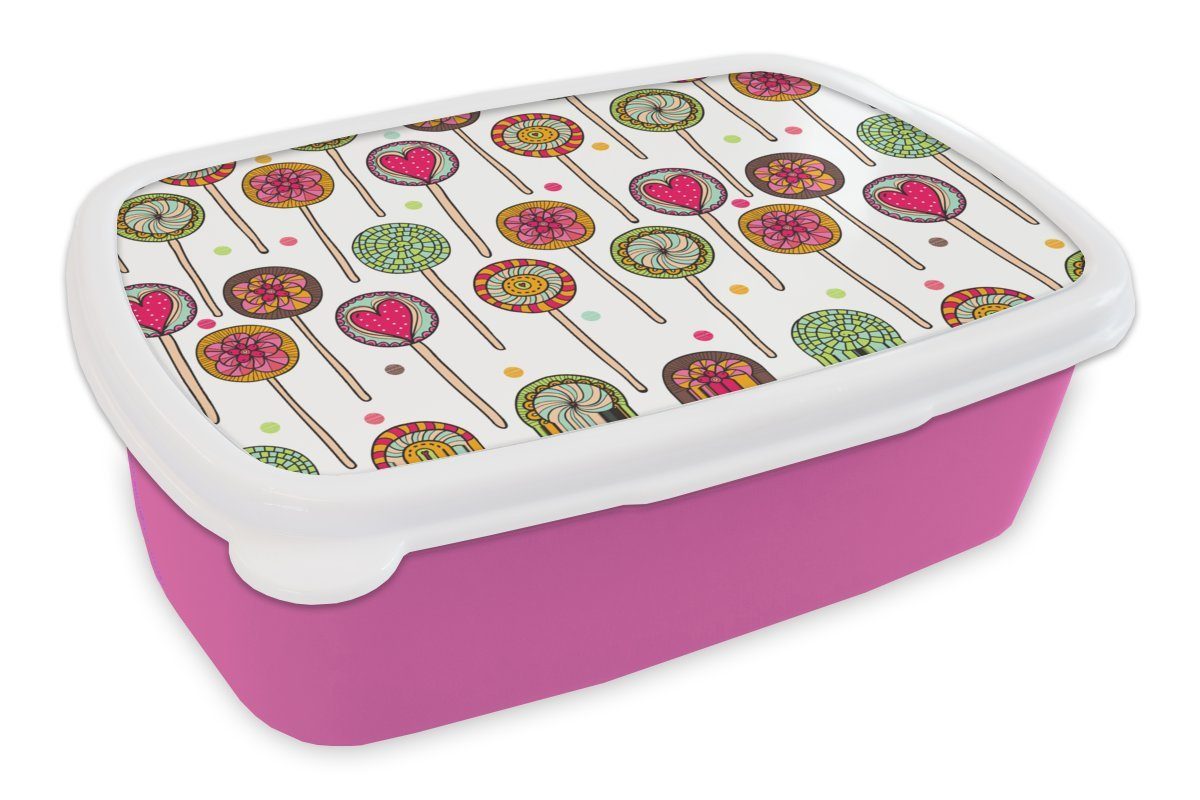 MuchoWow Lunchbox Muster - Lollipop - Herzen - Süßigkeiten, Kunststoff, (2-tlg), Brotbox für Erwachsene, Brotdose Kinder, Snackbox, Mädchen, Kunststoff rosa
