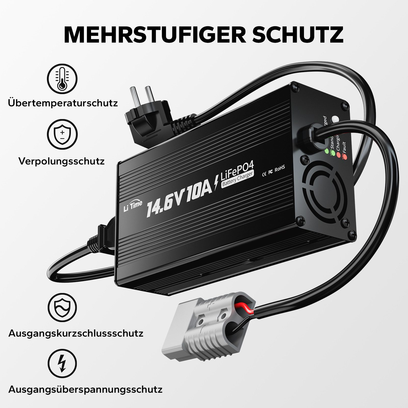 LiTime LiTime 14.6V 10A Lithium Batterieladegerät Akku-Set (12 V, 1 St), Geeignet für 12V LiFePO4 Lithium Batterie