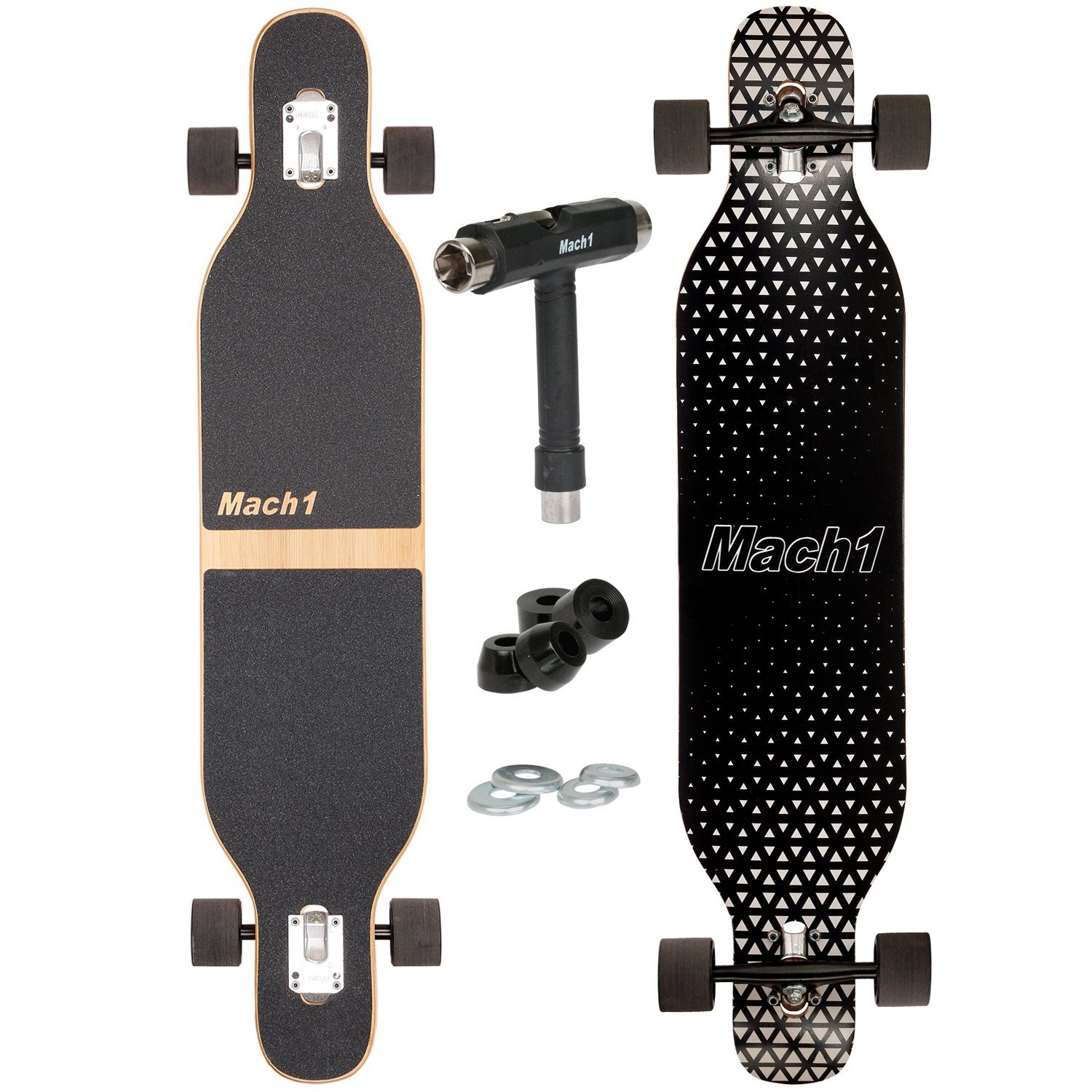 Mach1 Longboard aus Bambus mit Keramik Kugellager - Camber Drop Through Cruiser Board (Spar-Set inkl. T-Tool und extra Bushings, Longboard + T-Tool + 4er Set 85A Bushings), Twin Tip