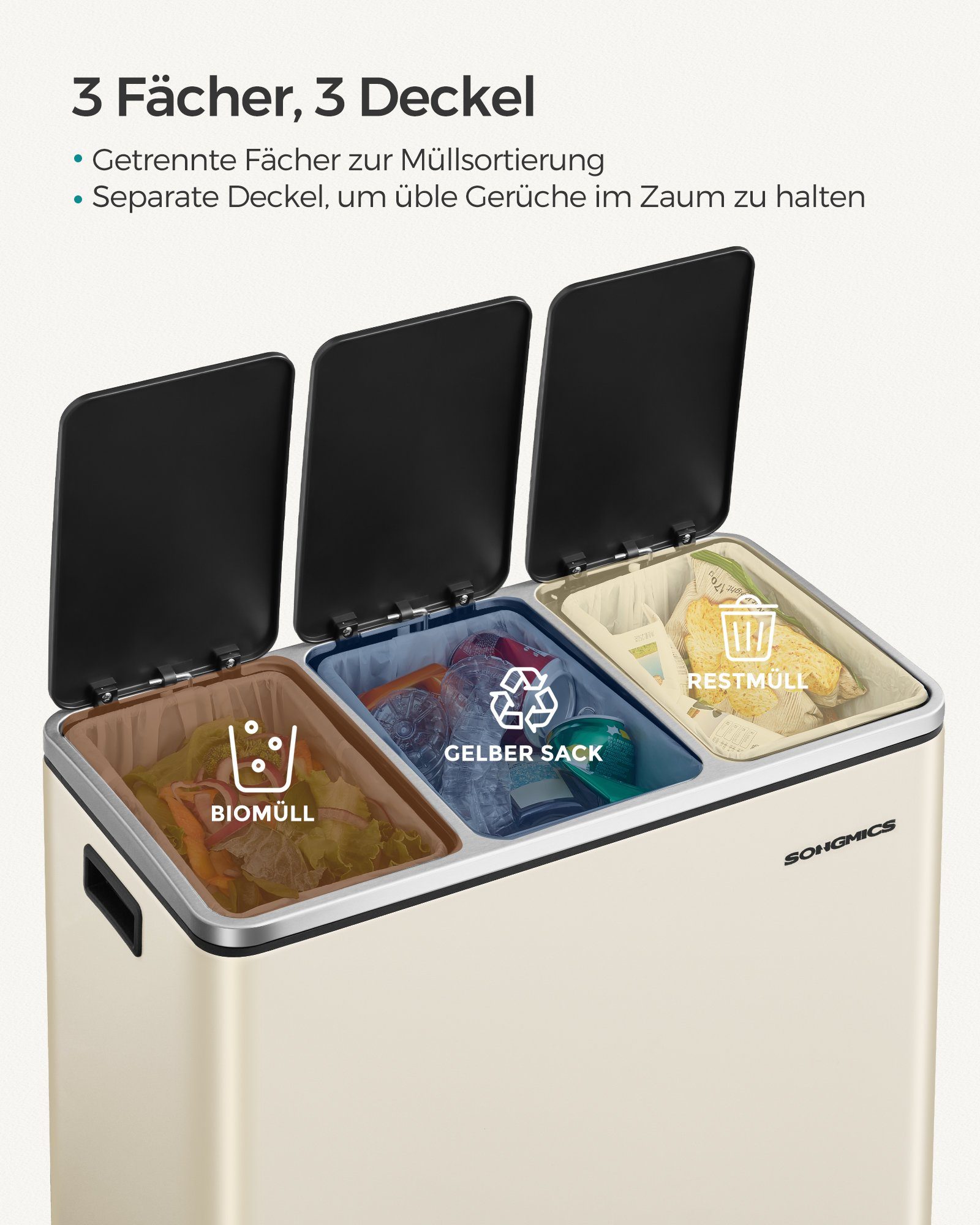 SONGMICS Mülleimer, Mülltrennsystem, 3 x 18 L, ergonomisch, 3 Fächer