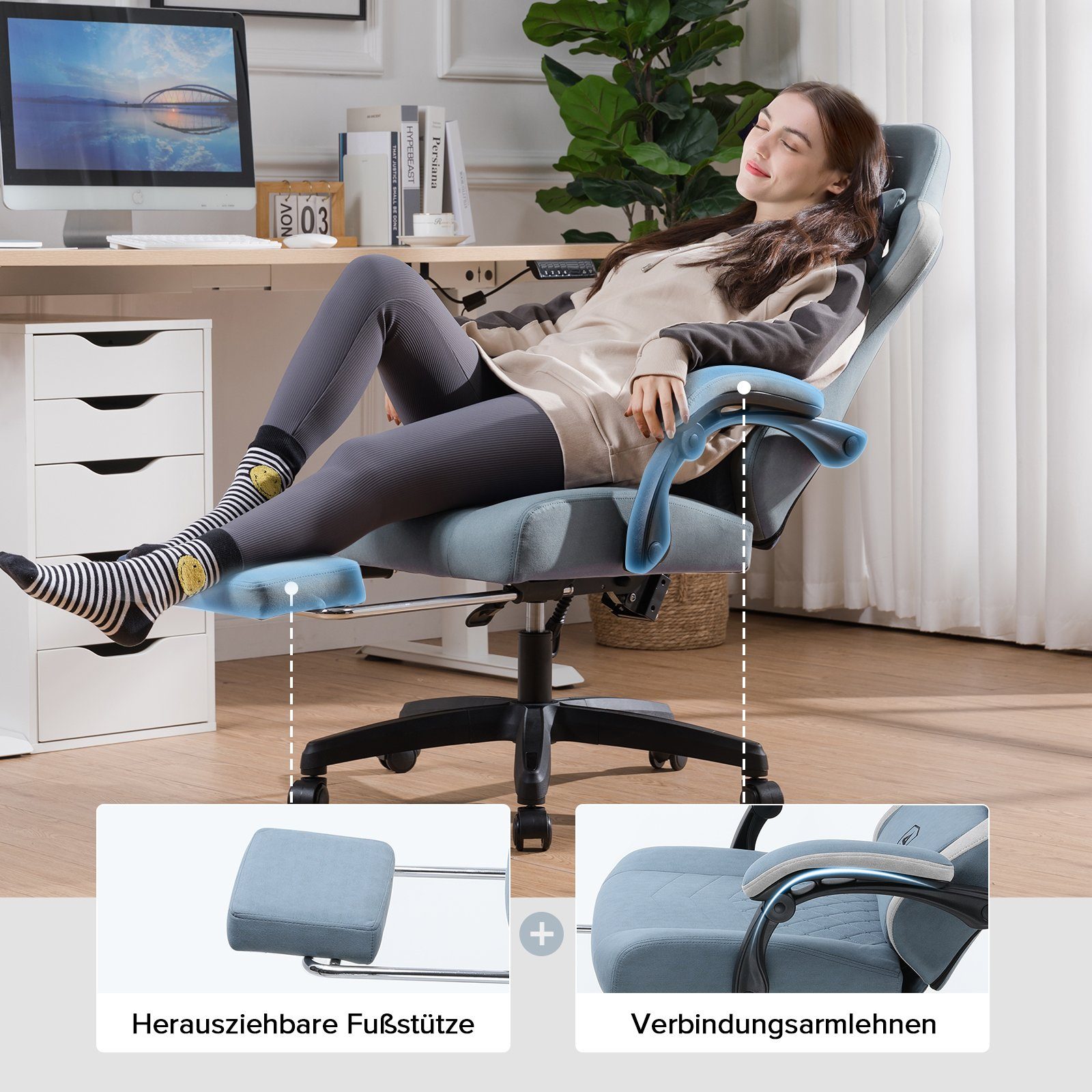 GTPLAYER Gaming-Stuhl Ergonomischer Gaming Sessel Schreibtischstuhl mit Stoffoberfläche (Pacekung), Federsitzkissen mit Fußstütze