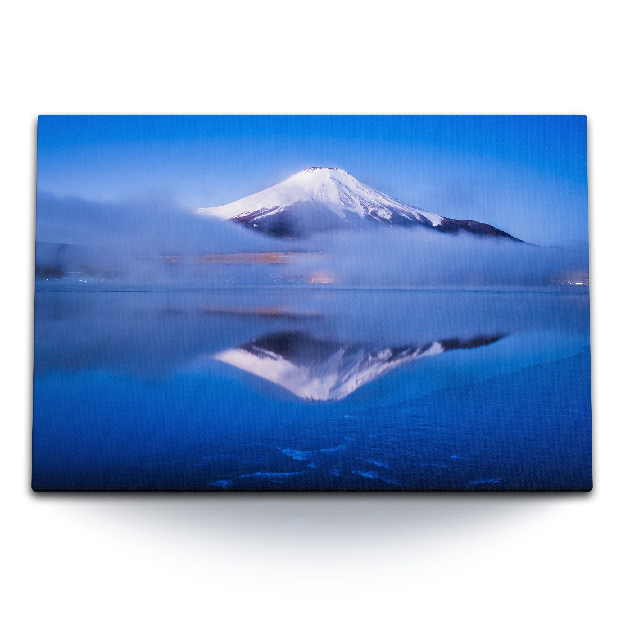 Sinus Art Leinwandbild 120x80cm Wandbild auf Leinwand Vulkan Japan Fuji Berg Dunkelblau Nebel, (1 St)