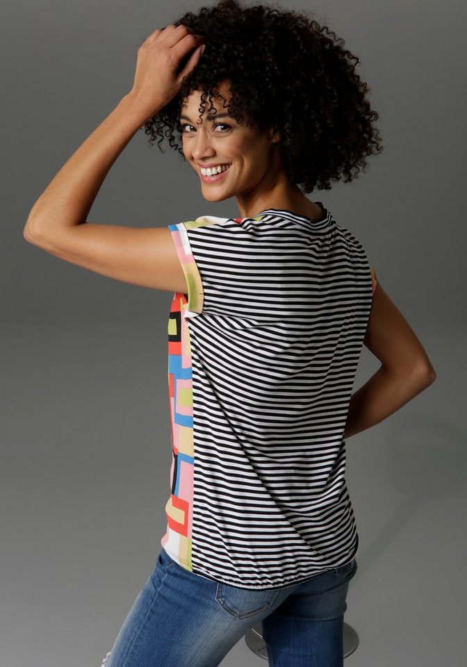 Aniston CASUAL T-Shirt im Material- und Mustermix, Damenshirt mit  gestreiften V-Ausschnitt und Gummizug am Saum