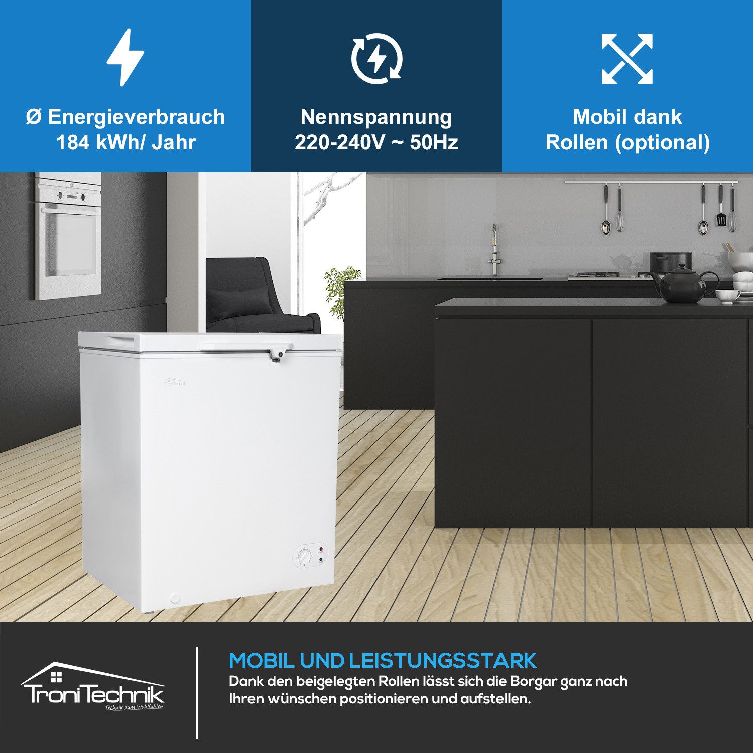 TroniTechnik Gefriertruhe Einstellbarer Temperaturregler, kühlen und gefrieren BORGAR 160 PRO, 70 cm breit, 147 l, inkl. Dual Thermostat, LED Licht, Griff, Schloss, Rollen, Einlegekorb