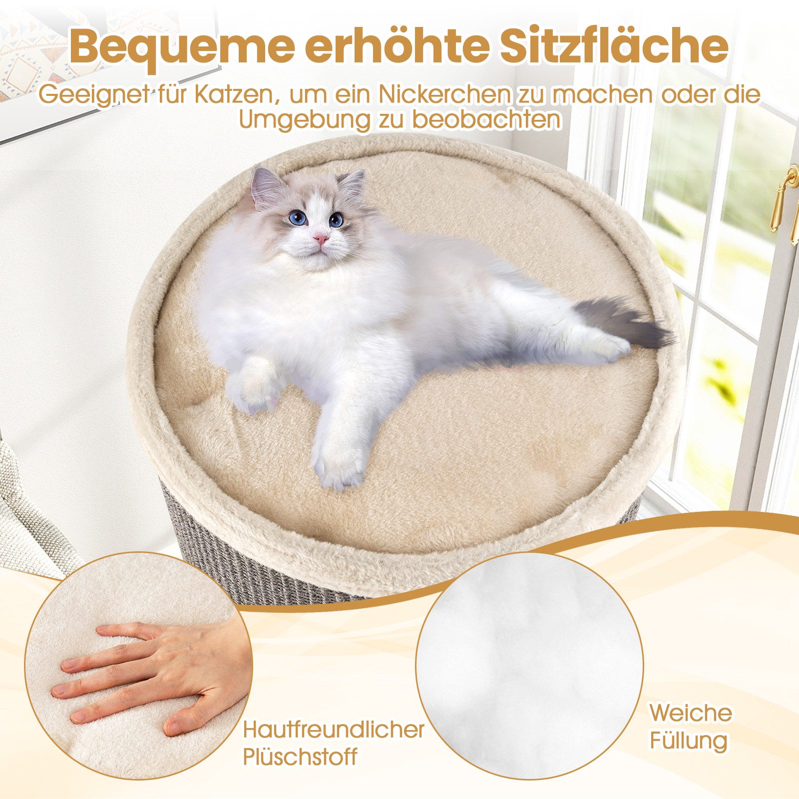 KOMFOTTEU Kratztonne, mit 3 Höhlen, Plüschbett, Liegefläche & Sisal-Kratzbrett