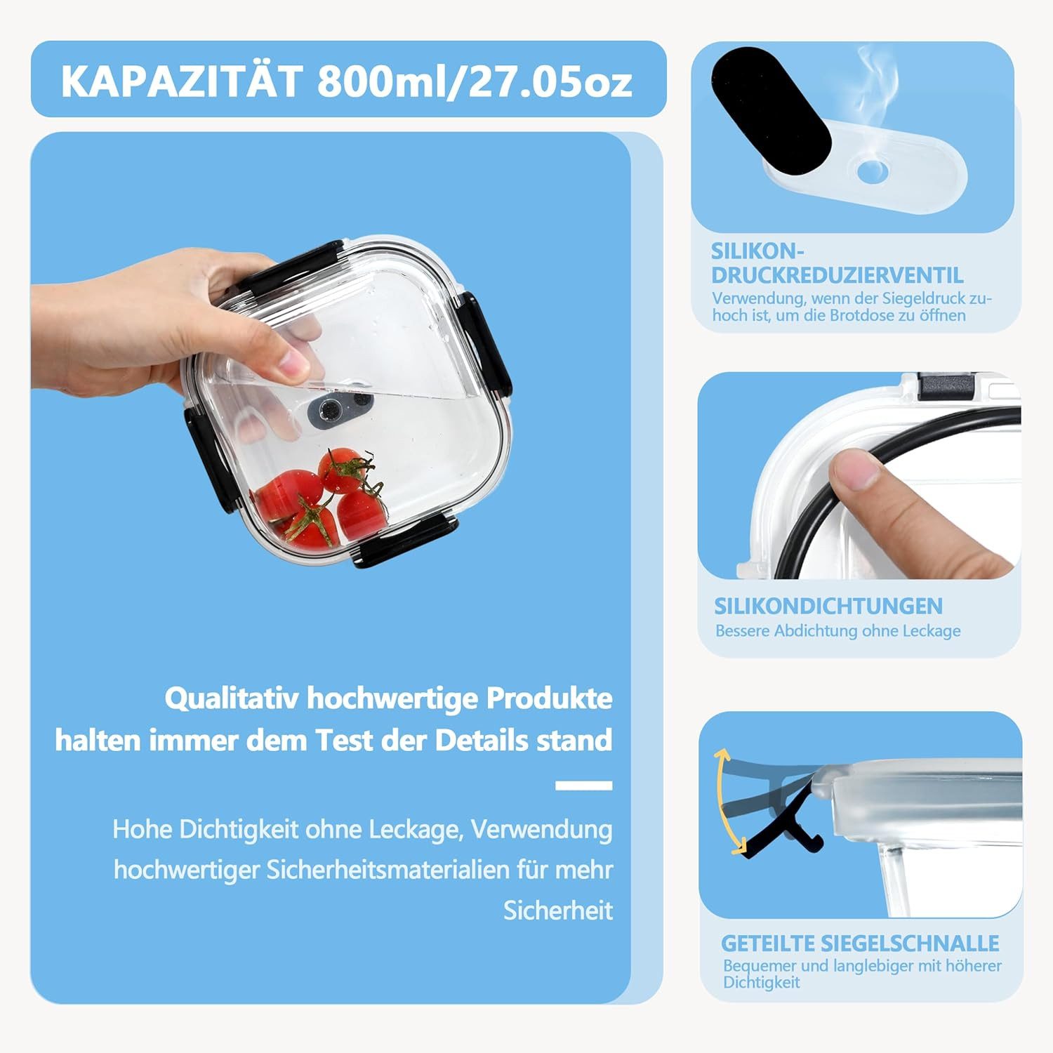 KingLux Frischhaltedose 3Stk. 800ml Vorratsdosen Glas Mit Deckel,Meal Prep Boxen,Glasbehälter, Borosilikatglas, (3-tlg) – Bild 5 von 5