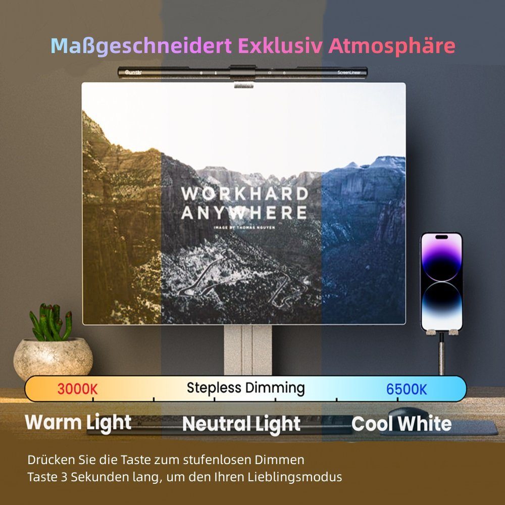 Quntis LED Schreibtischlampe 52cm PRO bildschirmleuchte klemmleuchte monitor licht zum klemmen, Augenschutz, LED wechselbar, Kaltweiß, Warmweiß, Tageslichtweiß, Einstellbare Helligkeit, Anti-Strahlung tischlampe computer monitor beleuchtung bildschirmlampe