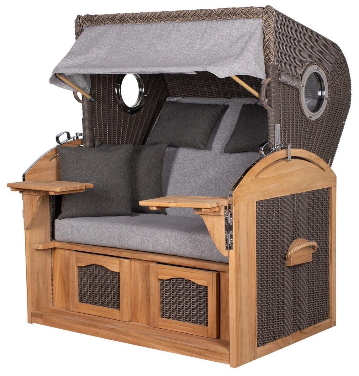 bene living Strandkorb Borkum XL Teak - PE grau - Modell 570, BxTxH: 142x95x170 cm, Volllieger ca. 180 Grad, Nordsee-Strandkorb Komplettset, inkl. Liftersystem und Bullaugen