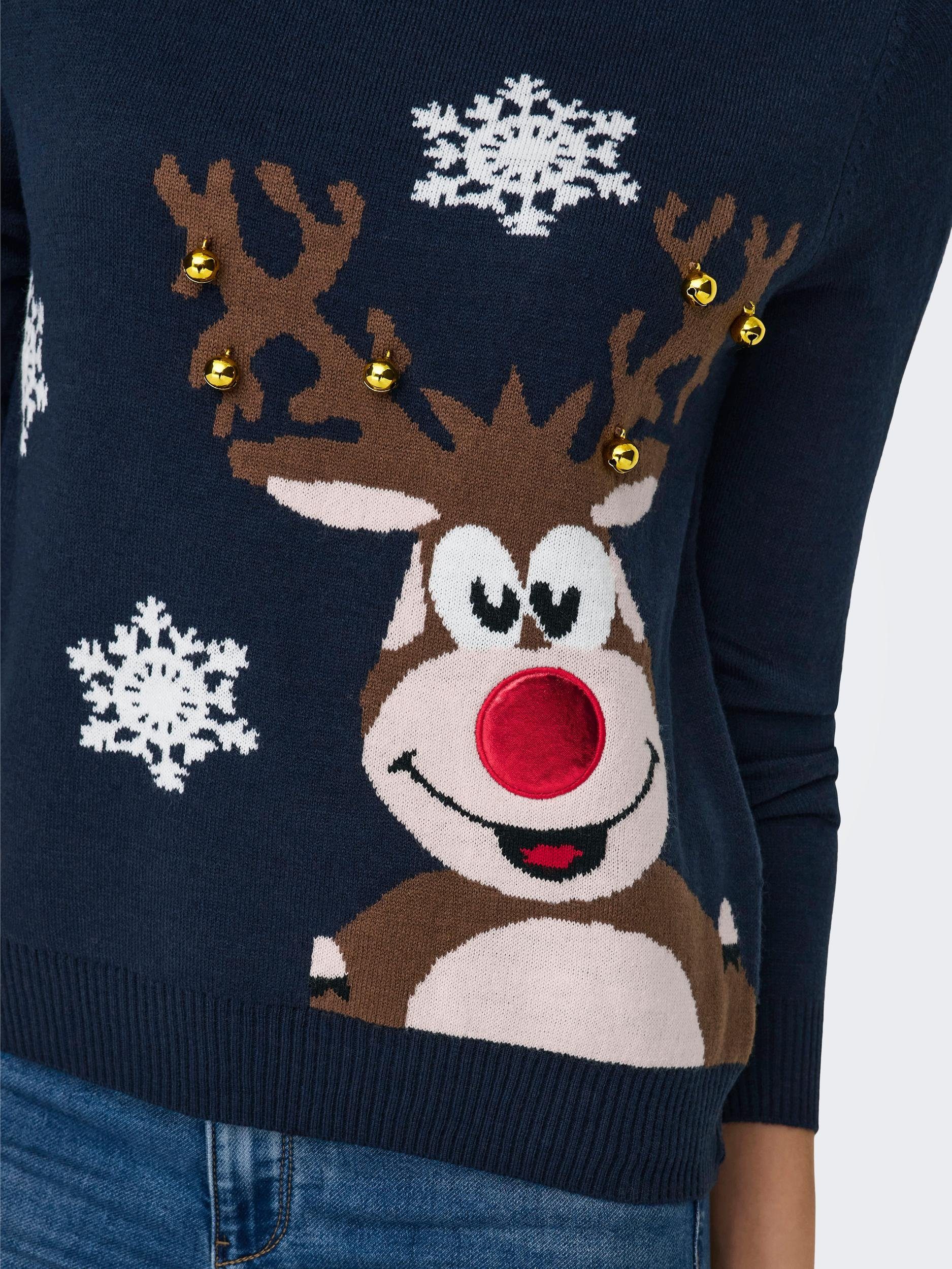 ONLY Detail:W. AND Sky PULLOVER Strickpullover DEER ONLXMAS L/S EX BELLS KNT BELL Night