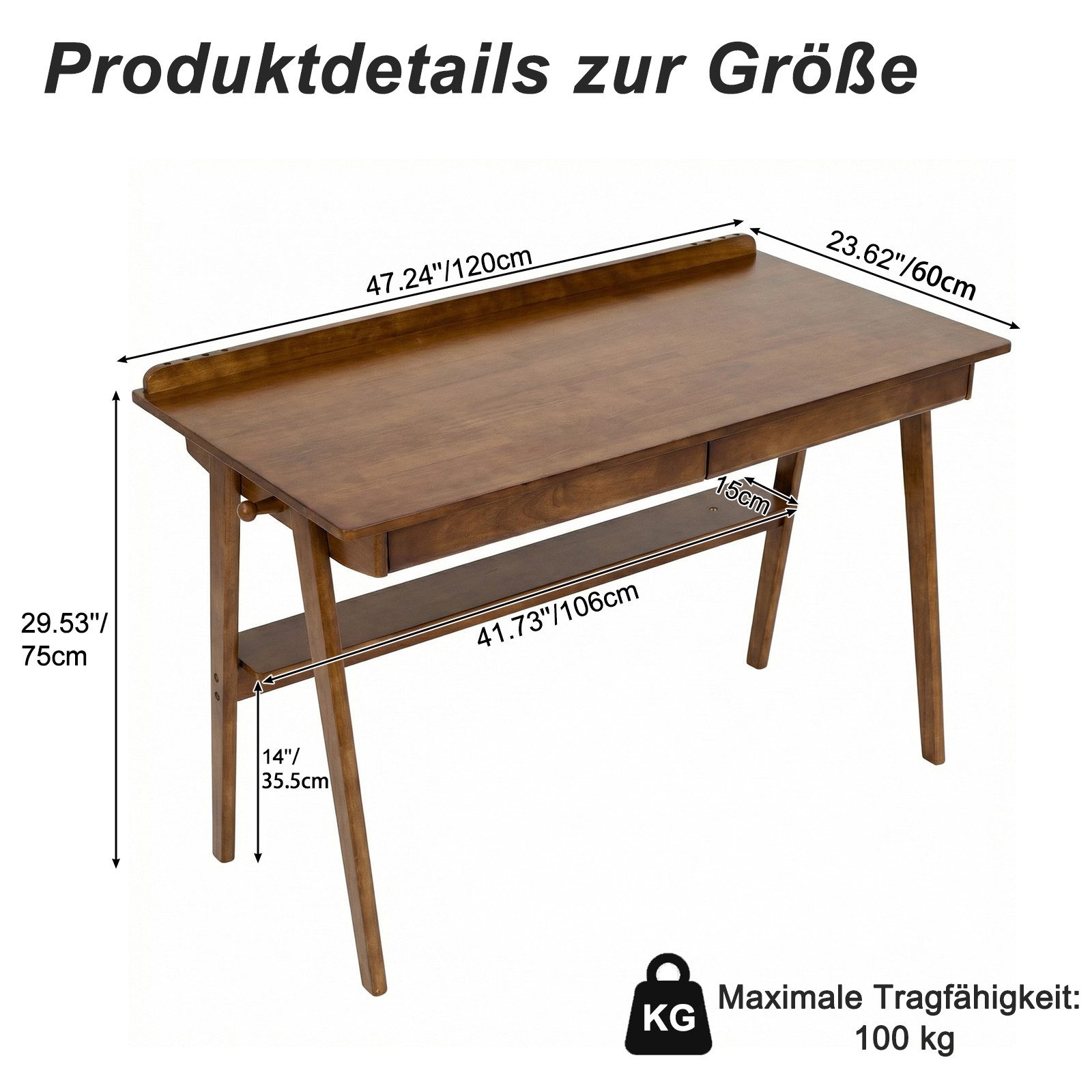 kowdom Schreibtisch Mid-Century Massivholz-Schreibtisch, 120x60 cm, Walnuss, 2 Schubladen (Schreibtisch), Massivholz, 2 Schubladen, mit Ablage, mit Haken, Stifthalter