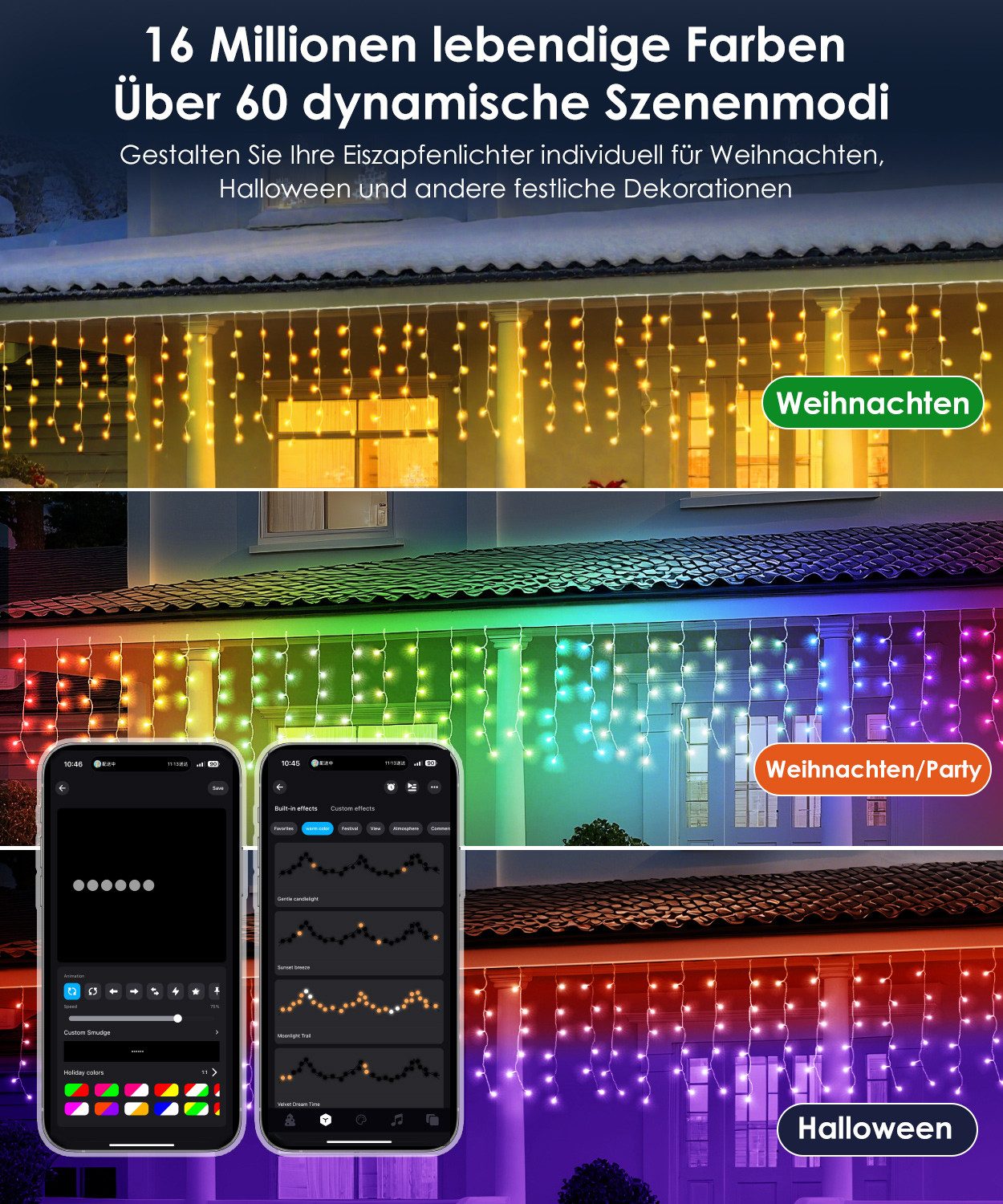 Elegear Lichterkette 5×0,6m LED Eiszapfenlichter Weihnachtsbeleuchtung, Lichtervorhang, Außen Eiszapfen, 16 Mio. Farben 60 Modi Musik Timer, Weihnachtsdeko