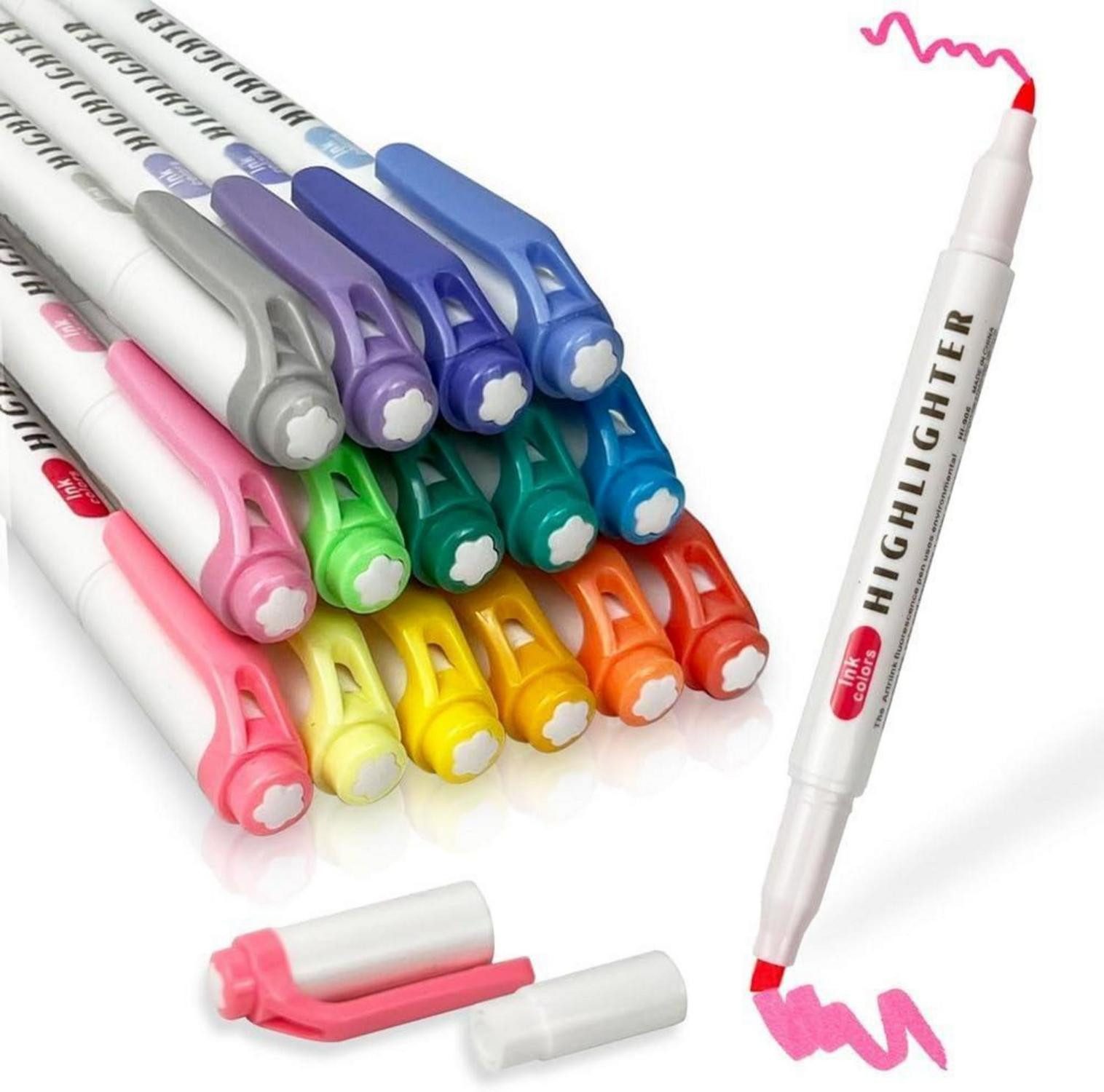 YOSKAEDI Marker Pastell Textmarker Set mit 15 marker dual Spitzen Tagebuch Büro Schule