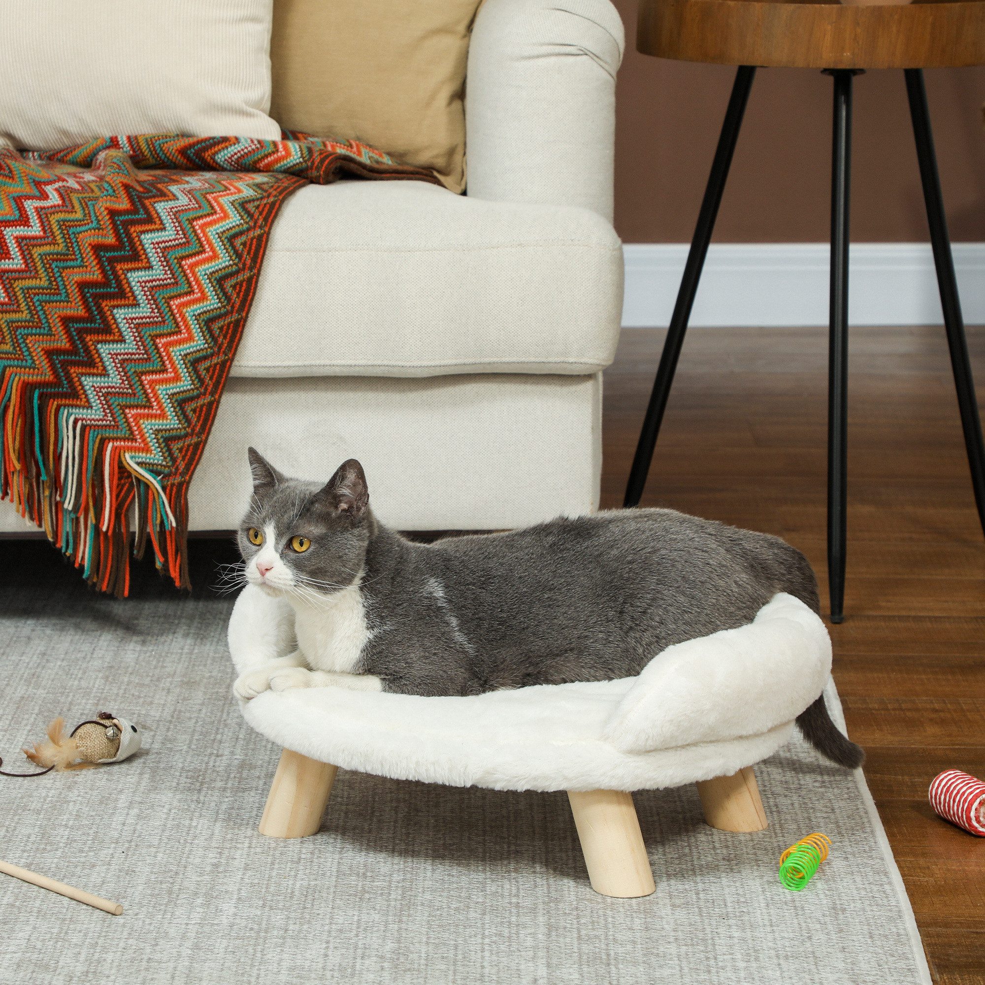 PawHut Tierbett Haustiersofa mit Erhöhtem Design Katzensofa mit Holzbeine, Plüsch, Creme, 47 x 40 x 20 cm