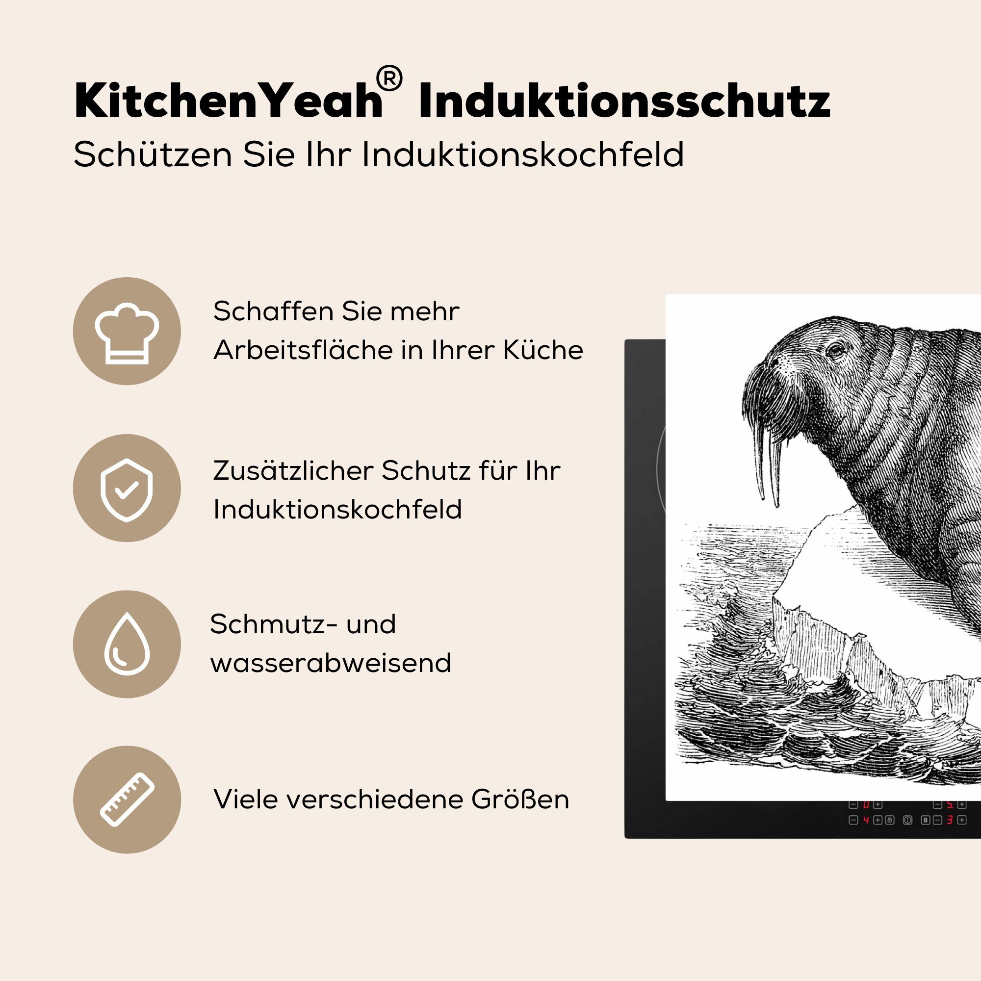 MuchoWow Herdblende-/Abdeckplatte 83x51 für in küche (1 cm, Schwarz-Weiß, Walrosses Illustration Ceranfeldabdeckung, Eine eines Vinyl, tlg), Arbeitsplatte