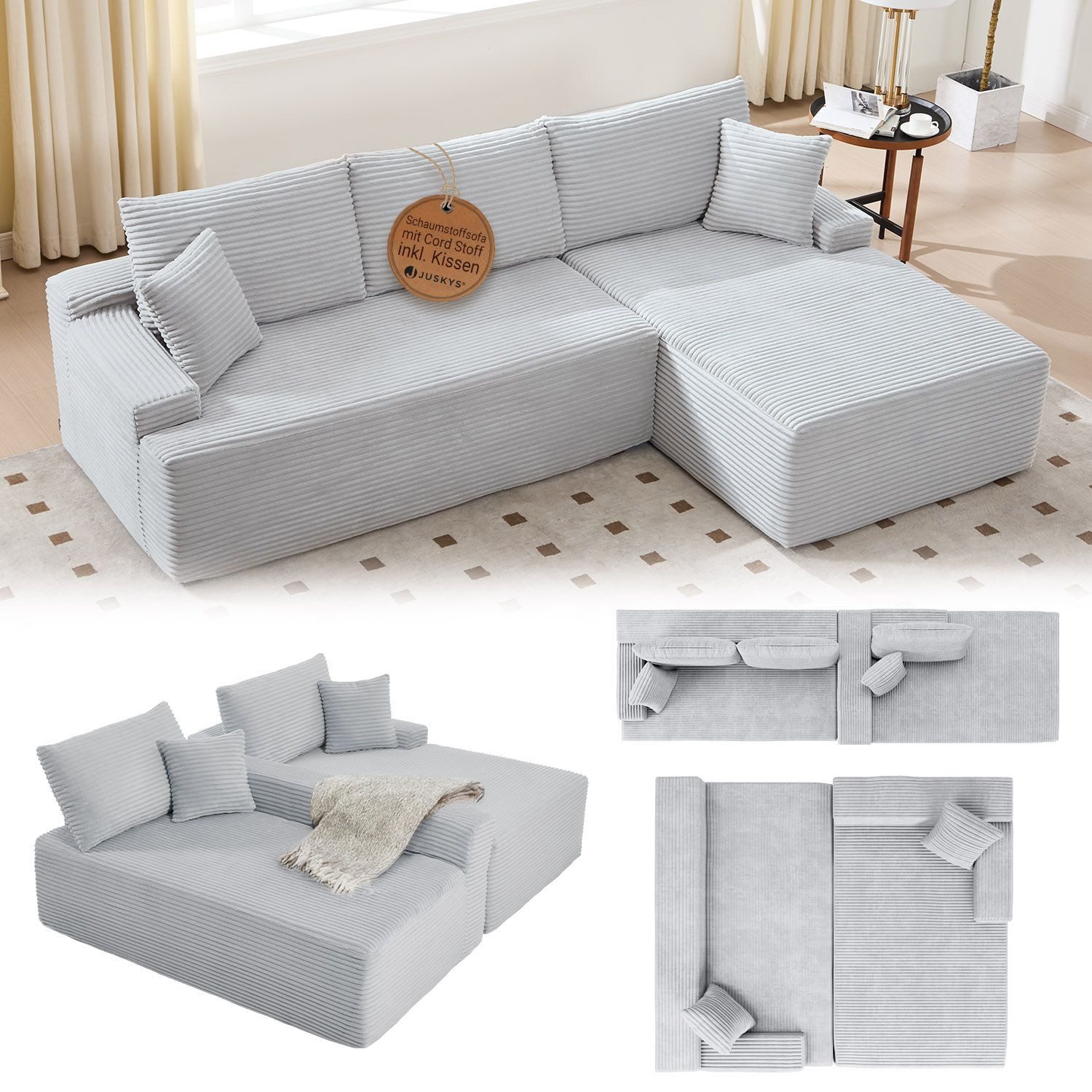 Juskys Ecksofa Coredo, Ecksofa, mit Rücken- & Dekokissen, Cordbezug, Modular platzierbar