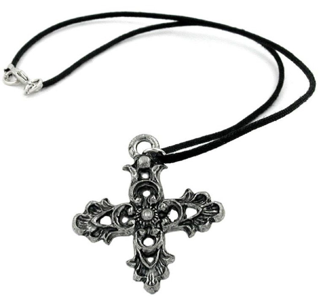 Collier Kette mit Zinn-Anhänger Kreuz filigran 45 cm