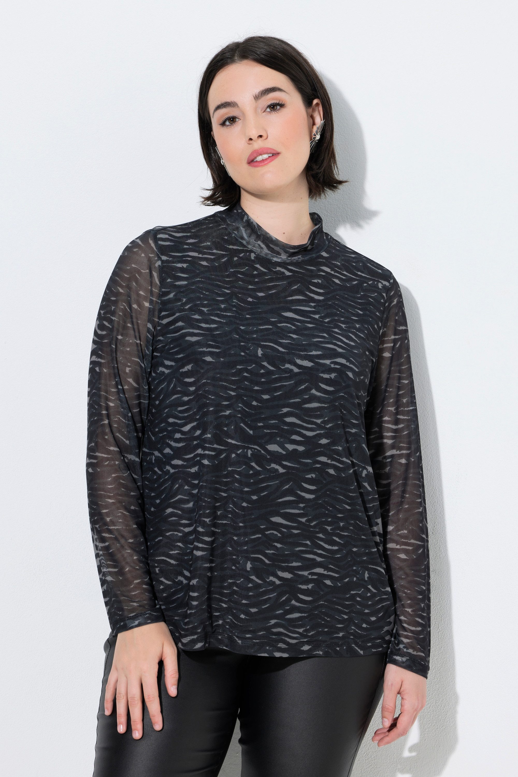 Ulla Popken Longsleeve Meshshirt Zebramuster Stehkragen Langarm