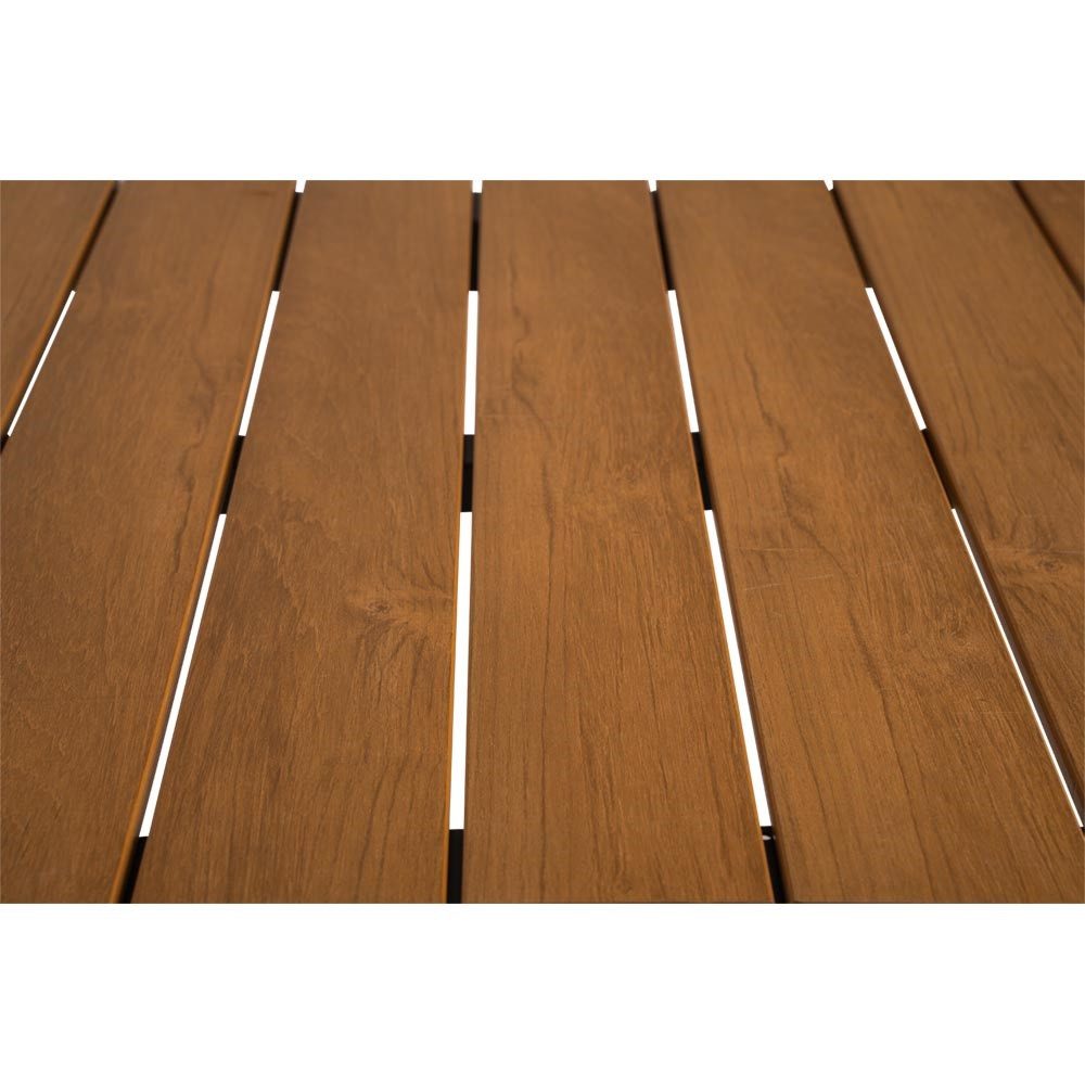 Lesli Living Garten-Essgruppe "Arrezo Eckig" + 4 Geflecht-Stühle, Polywood Teakholzlook, Aluminium, Sitzkissen, Geflochten, Skandi - Boho Stühle, Gartenmöbel-Set, Rope