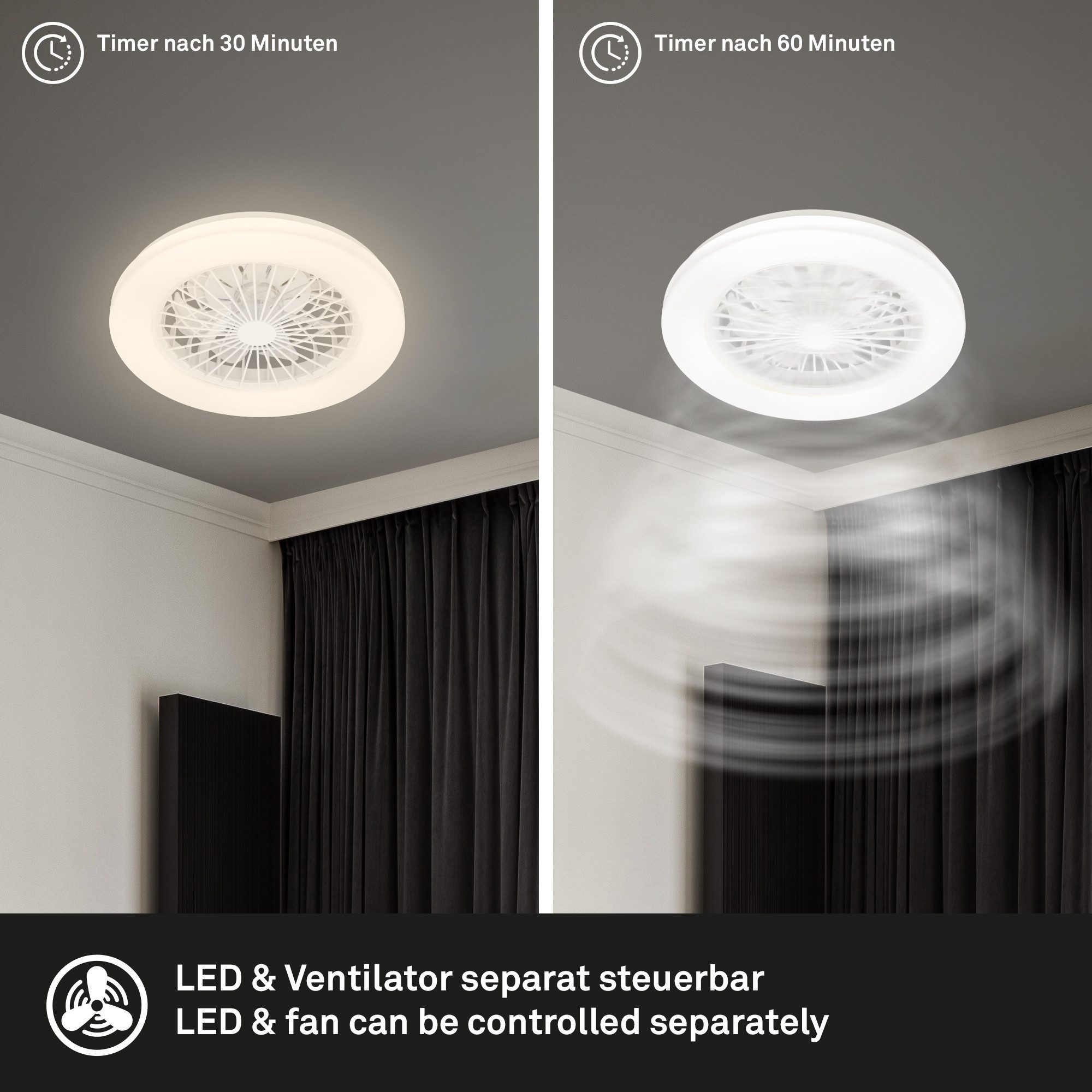OTTO home Deckenleuchte CCT Deckenleuchte mit Ventilator Vivienna, CCT - über Fernbedienung, Dimmfunktion, Farbsteuerung, Memoryfunktion, Nachtlichtfunktion, Timerfunktion, Ventilatorfunktion, LED fest integriert, Deckenventilator mit Licht, 48,5x14,5 cm, 49Watt, Schlafzimmer