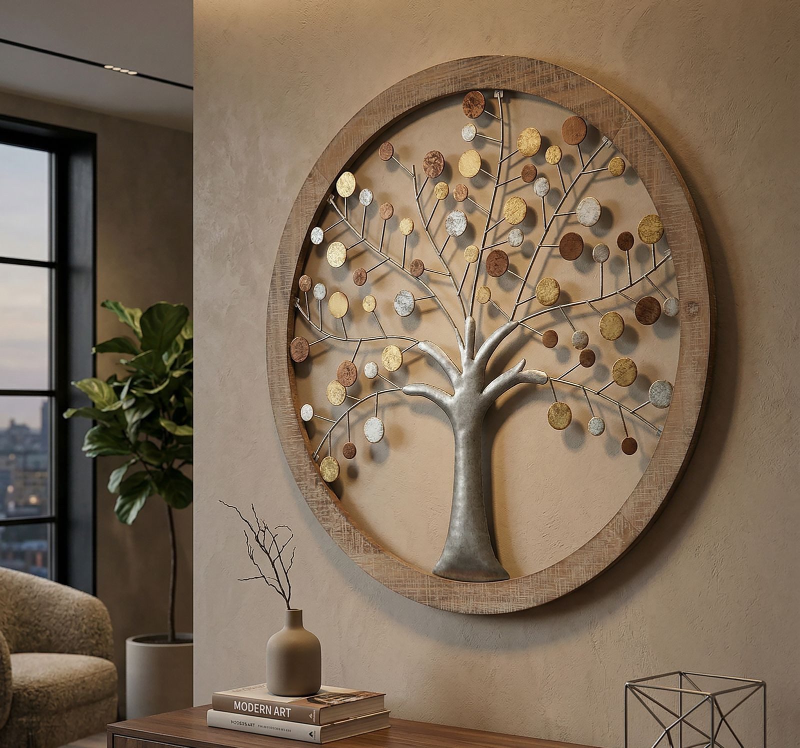 MF Wanddekoobjekt Tree of Life Metall Holz Wandobjekt Rund Modern Natur Design 59 cm (1 St)