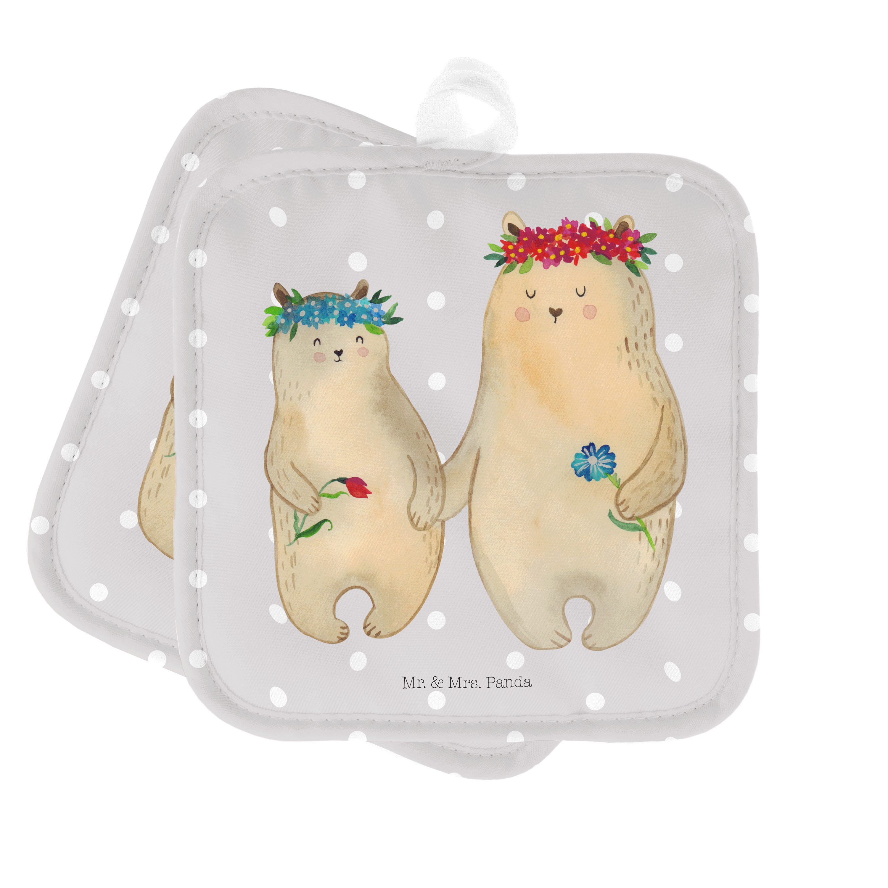 Mr. & Mrs. Panda Topflappen Bären mit Blumenkranz - Grau Pastell - Geschenk, Topflappen lustig, T, (1-tlg)