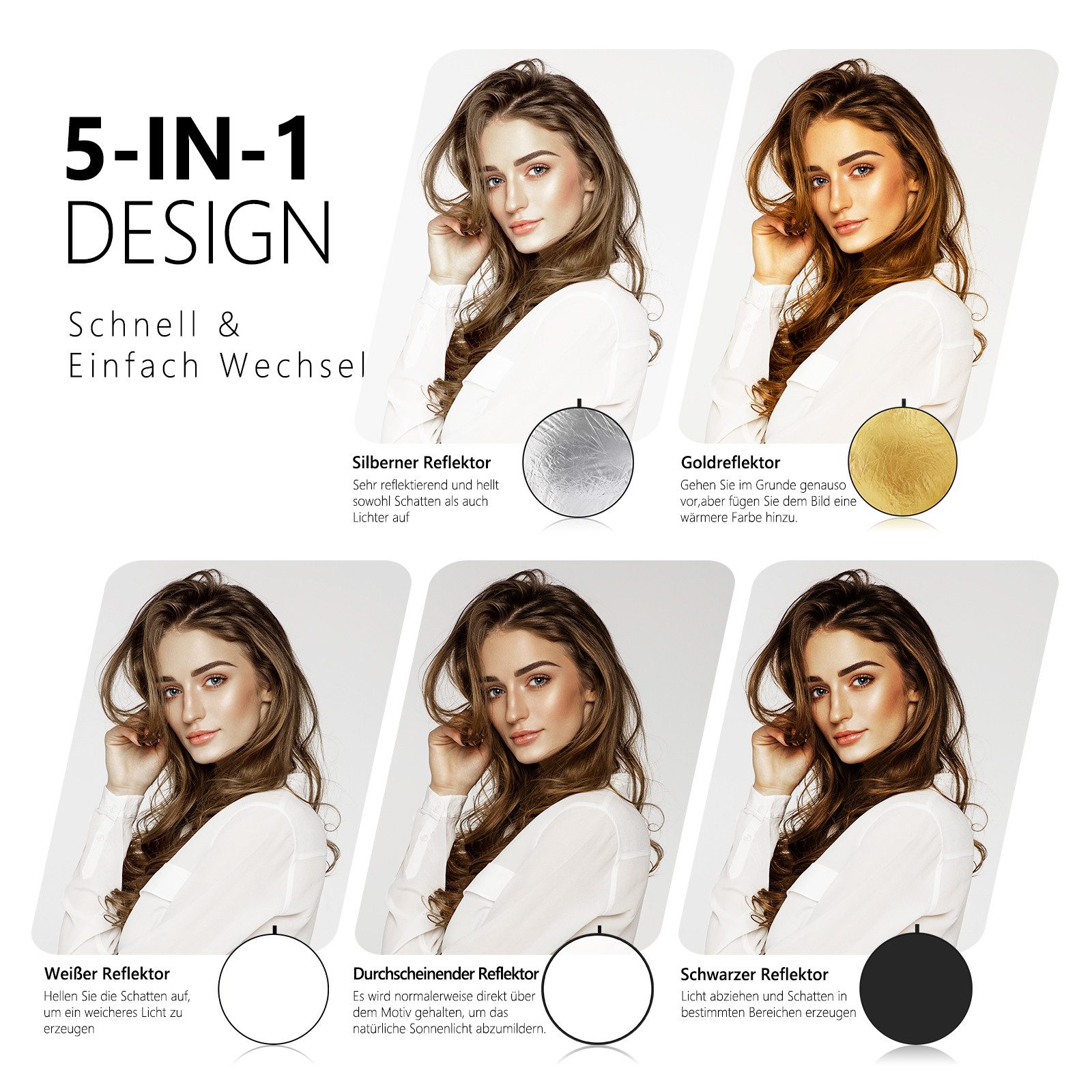 Neewer Blitzlichtreflektoren RF-60 5-in-1 60cm Lichtreflektor Diffusor, Faltbare, mit Tasche, (Packung, Farbe:Schwarz, Weiß, Gold, Grau, Silber), tragbar Fotoreflektor für Studio Fotografie Beleuchtung im Freien
