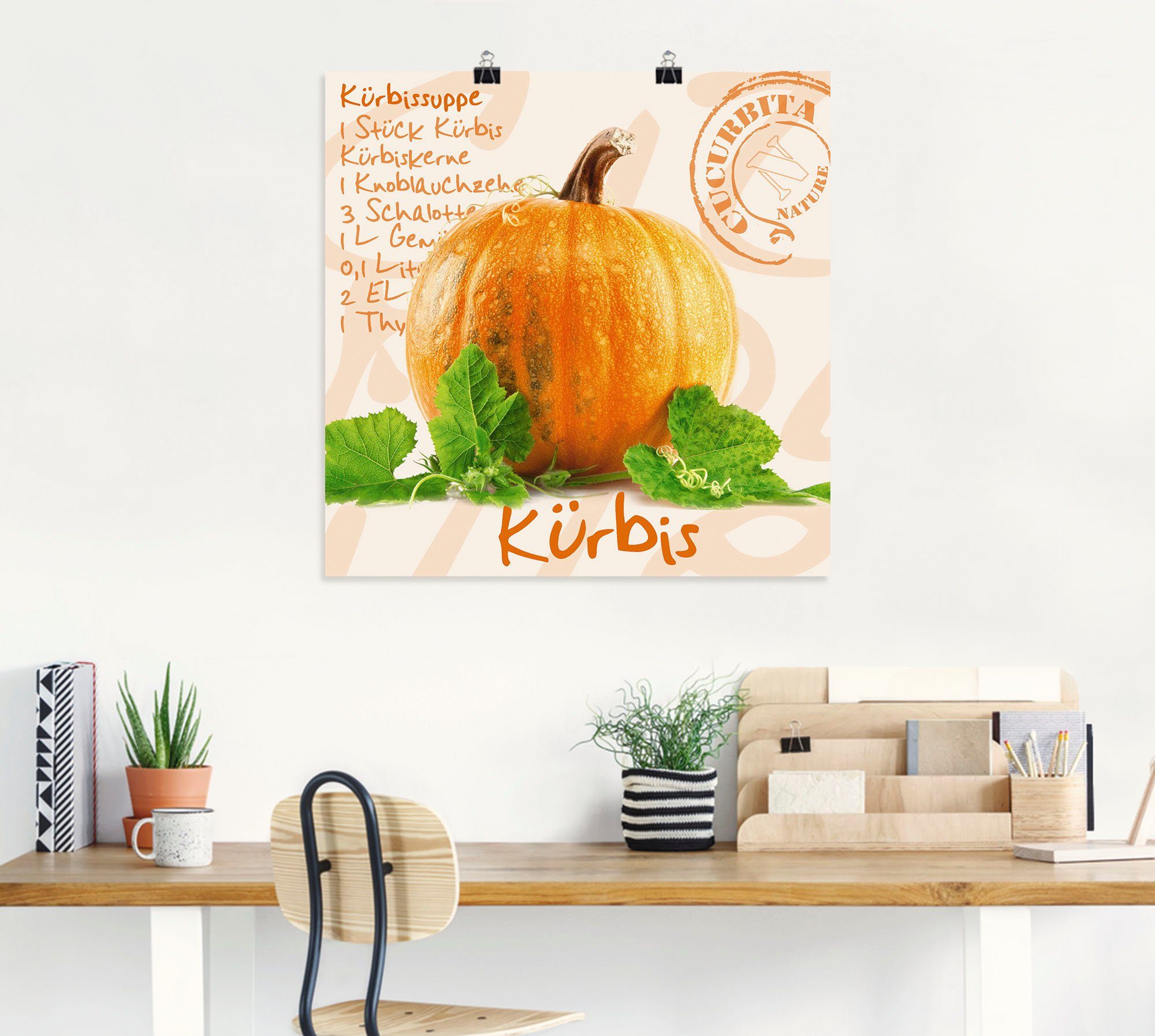 Artland Poster Gelber Kürbis mit grünen Blättern, Lebensmittel (1 St), ohne Rahmen