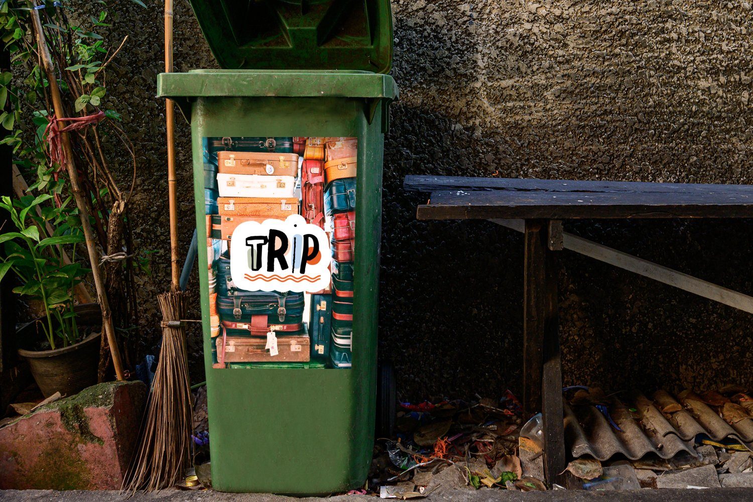 Abfalbehälter - - Wandsticker MuchoWow Reisen - Container, Sommer Koffer Zitat St), Sticker, (1 Mülleimer-aufkleber, Mülltonne,