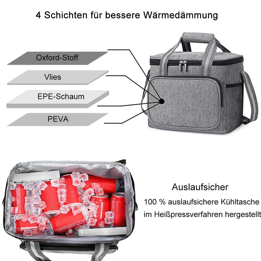 Grau Lunchtasche, Picknicktasche Picknickkorb für 15L Lebensmitteltransport Thermotasche zggzerg