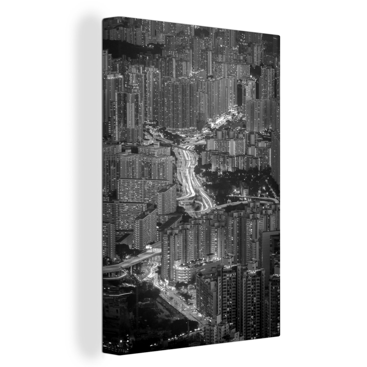 OneMillionCanvasses® Leinwandbild Hongkong am Abend - schwarz und weiß, (1 St), Leinwandbild fertig bespannt inkl. Zackenaufhänger, Gemälde, 20x30 cm