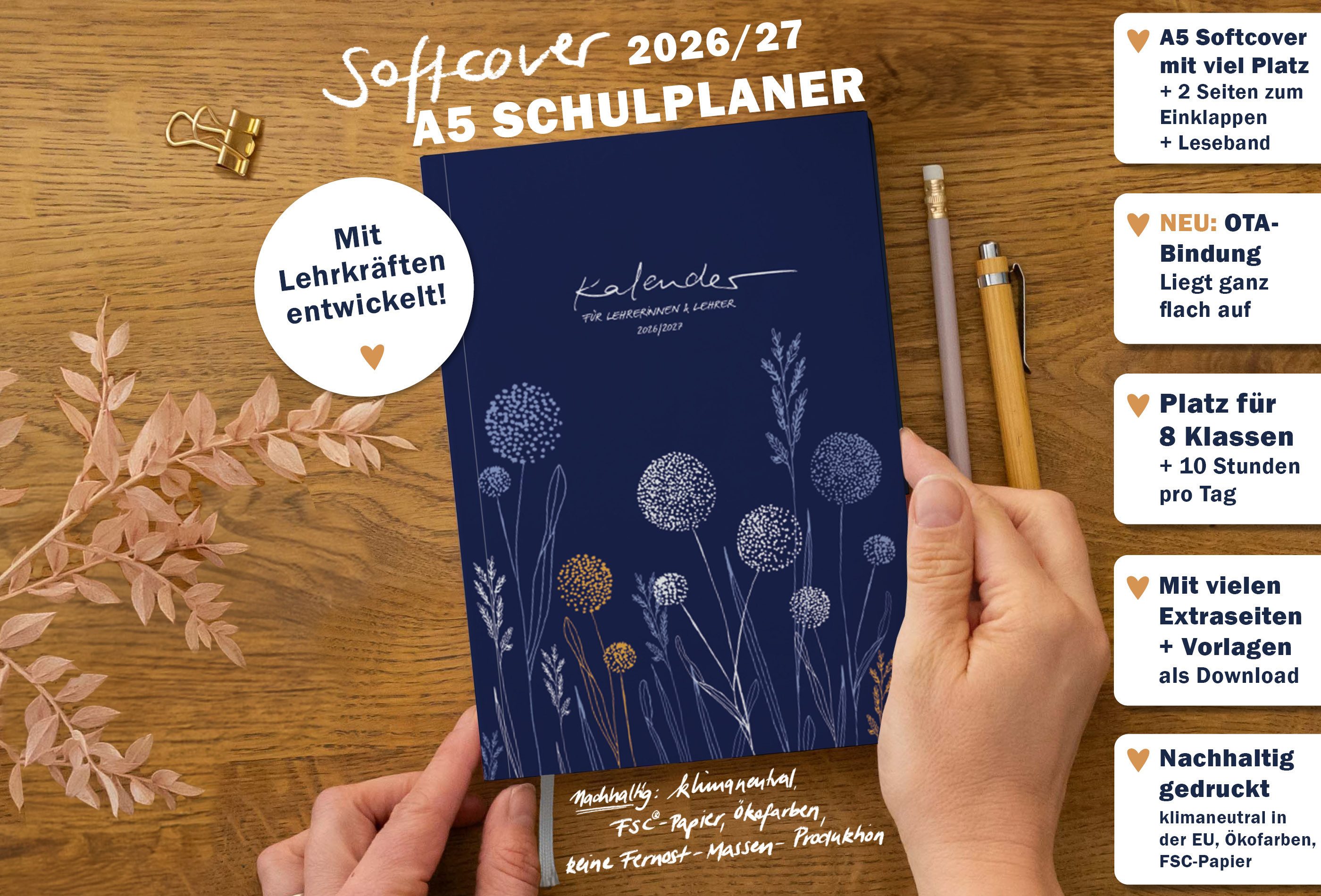 Eine der Guten Verlag Lehrerkalender Lehrerplaner 2026 2027 - A5, blau orange, 1 Doppelseite / Woche, Schuljahr 26/27, 224 S. Softcover, klimaneutral