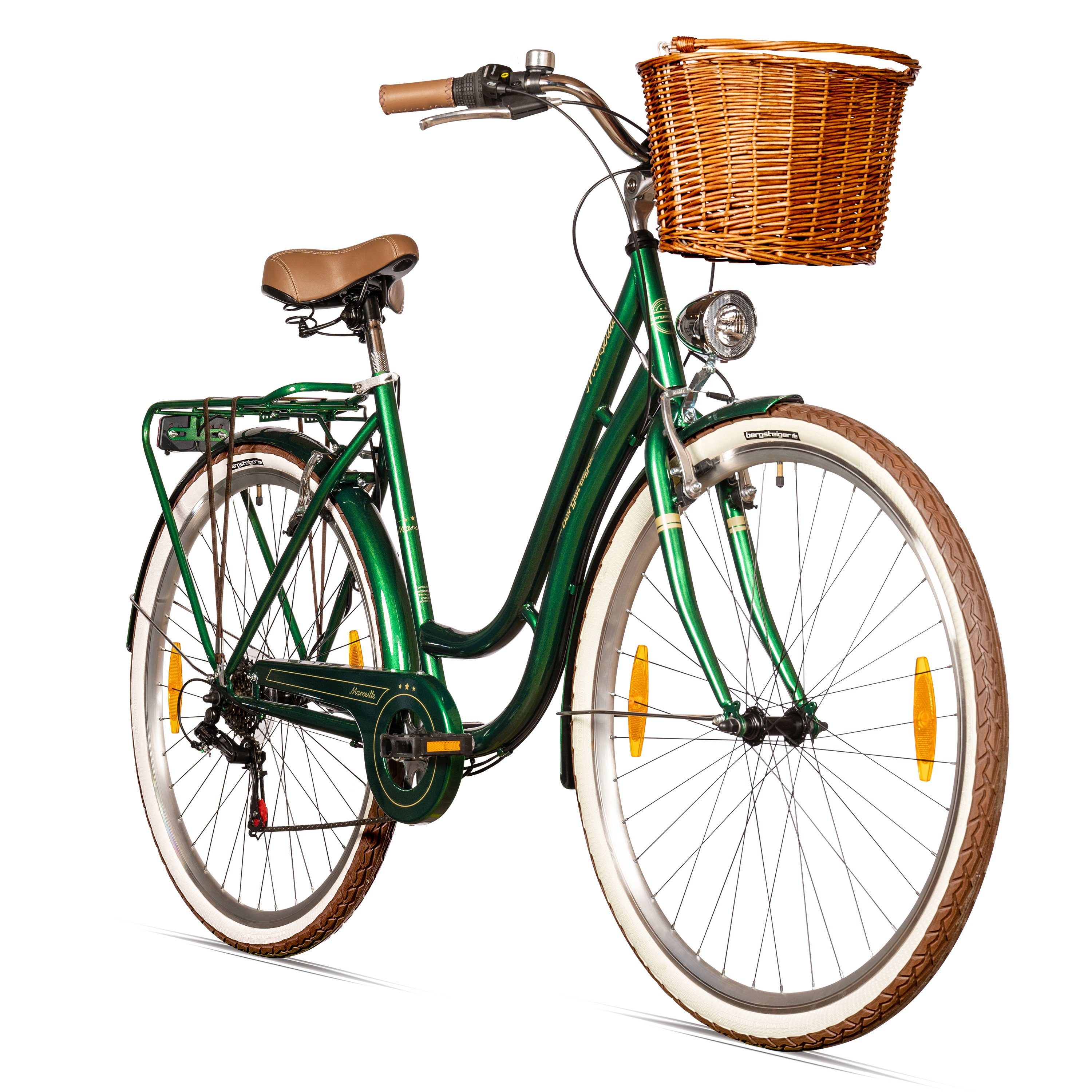 bergsteiger Cityrad Marseille 26 Zoll, 28 Zoll Damenfahrrad, ab 150 cm, Korb aus Rattan, 6 Gang, Kettenschaltung, V-Bremsen