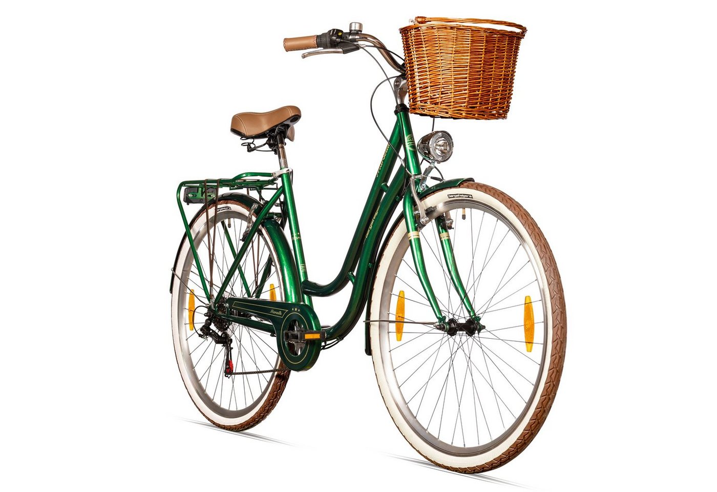 bergsteiger Cityrad Marseille 26 Zoll, 28 Zoll Damenfahrrad, ab 150 cm, Korb aus Rattan, 6 Gang, Kettenschaltung, V-Bremsen