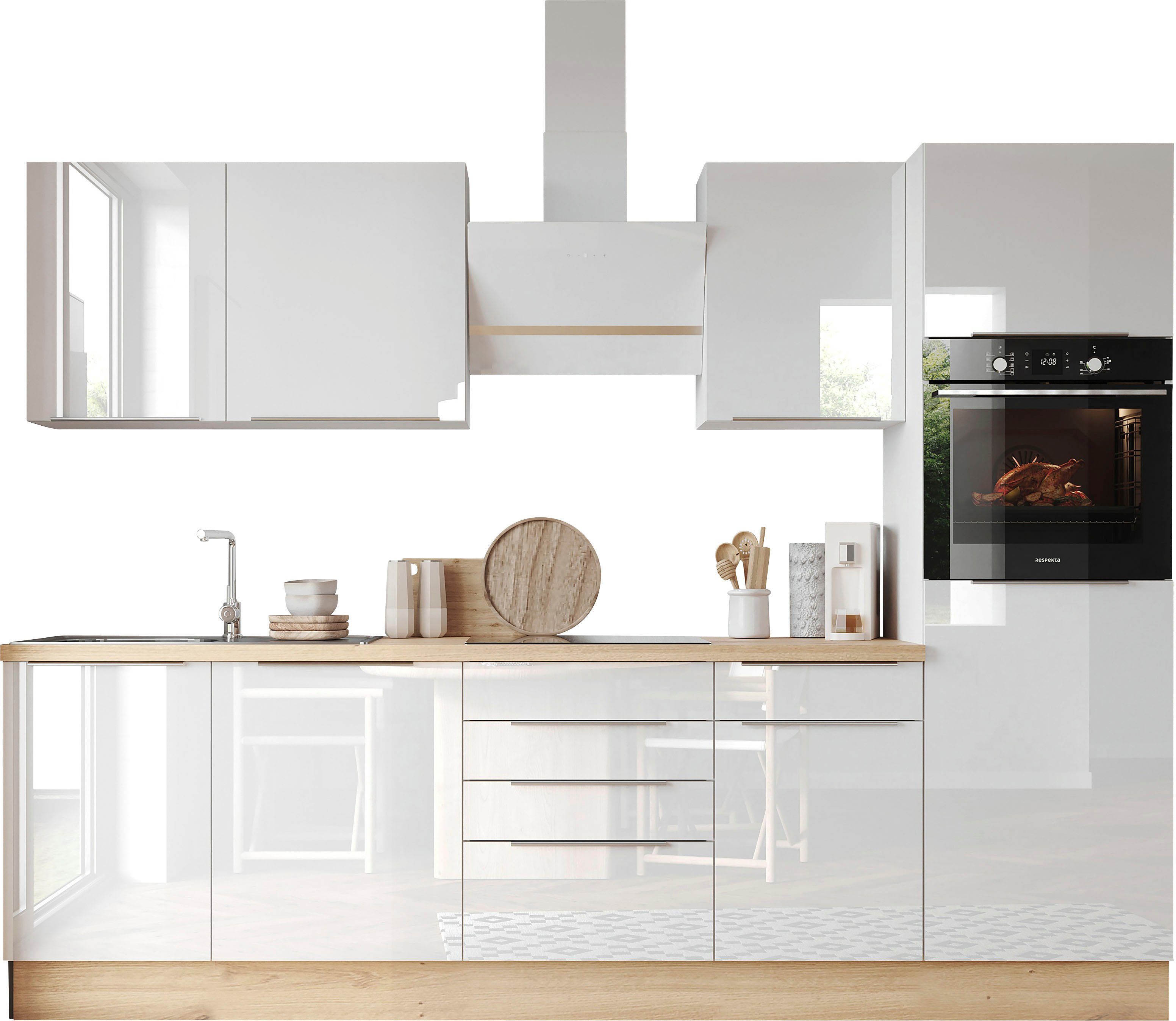 RESPEKTA Küchenzeile Safado aus der Serie Marleen, Breite 280 cm, hochwertige Ausstattung wie Soft Close Funktion Weiß Hochglanz / Weiß | Weiß Hochglanz