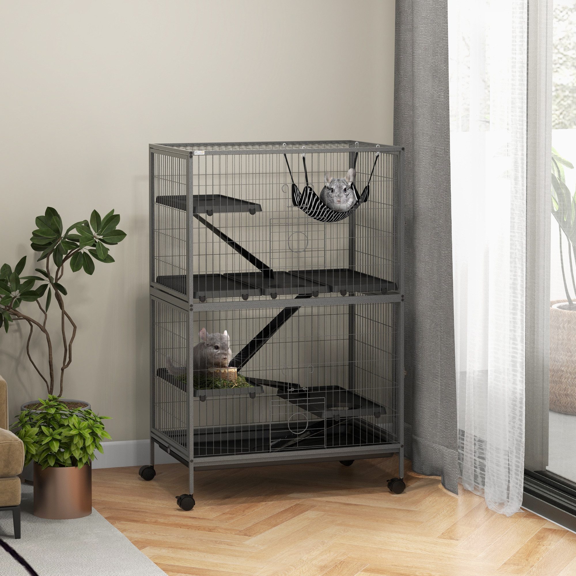 PawHut Kleintierkäfig Frettchenkäfig mit ausziehbarem Tablett Hängematte, Rampen, Rollen, für Eichhörnchen, Zwerghamster, Chinchilla Grau
