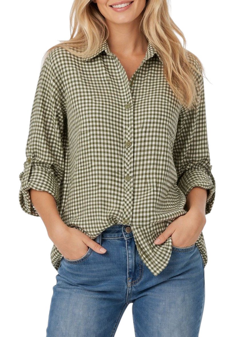 Hemdbluse Damen Bluse kariert aus Baumwolle – Hemdbluse mit 3/4-Arm Gr. 36-40