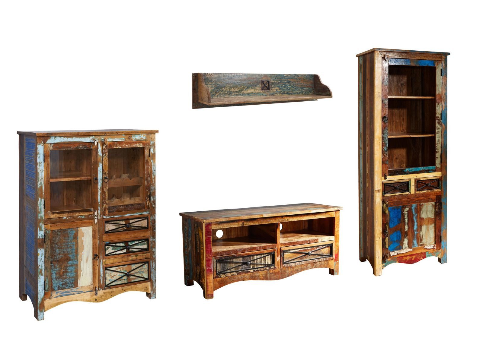 Massivmoebel24 Wohnwand, (NATURE OF SPIRIT Wohnwand #9001 Indisches Altholz lackiert), NATURE OF SPIRIT Wohnwand #9001 Indisches Altholz lackiert