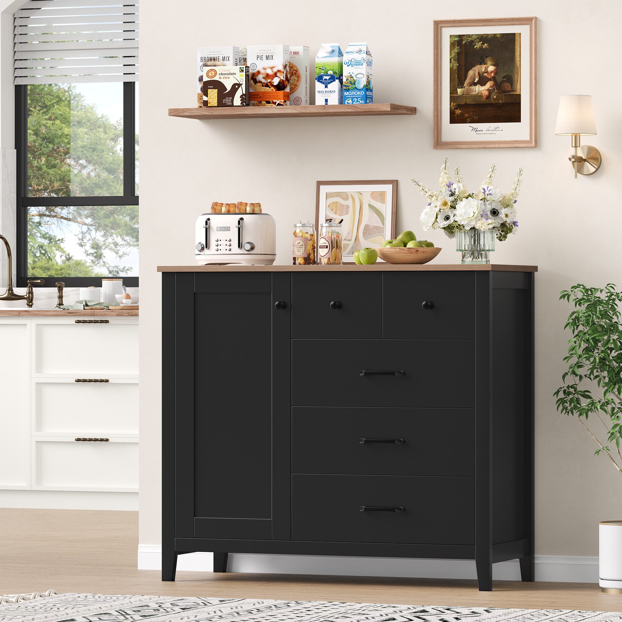 HOMECHO Buffet Sideboard, Küchenschrank mit 5 Schubladen und 1 Tür