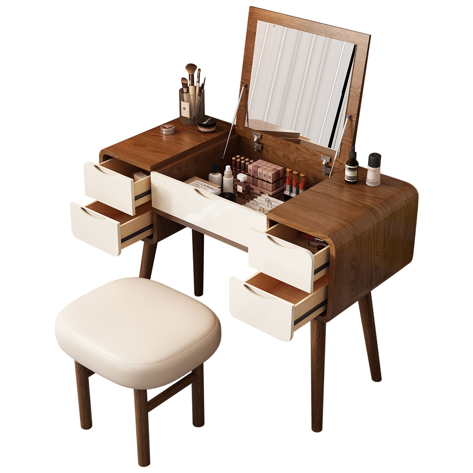 Graceabode Schminktisch Flip Top Schminktisch – Stilvoller Makeup Vanity mit Dressinghocker, Mit beidseitigem Schminkspiegel, verstecktem Staufach